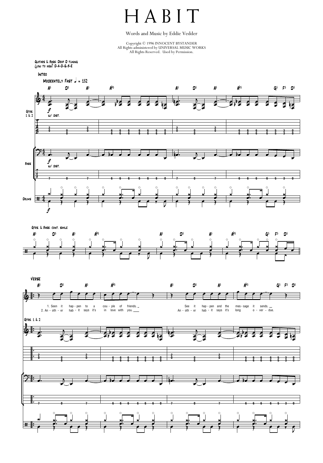 Pearl Jam Habit Sheet Music Notes & Chords for Transcribed Score - Download or Print PDF