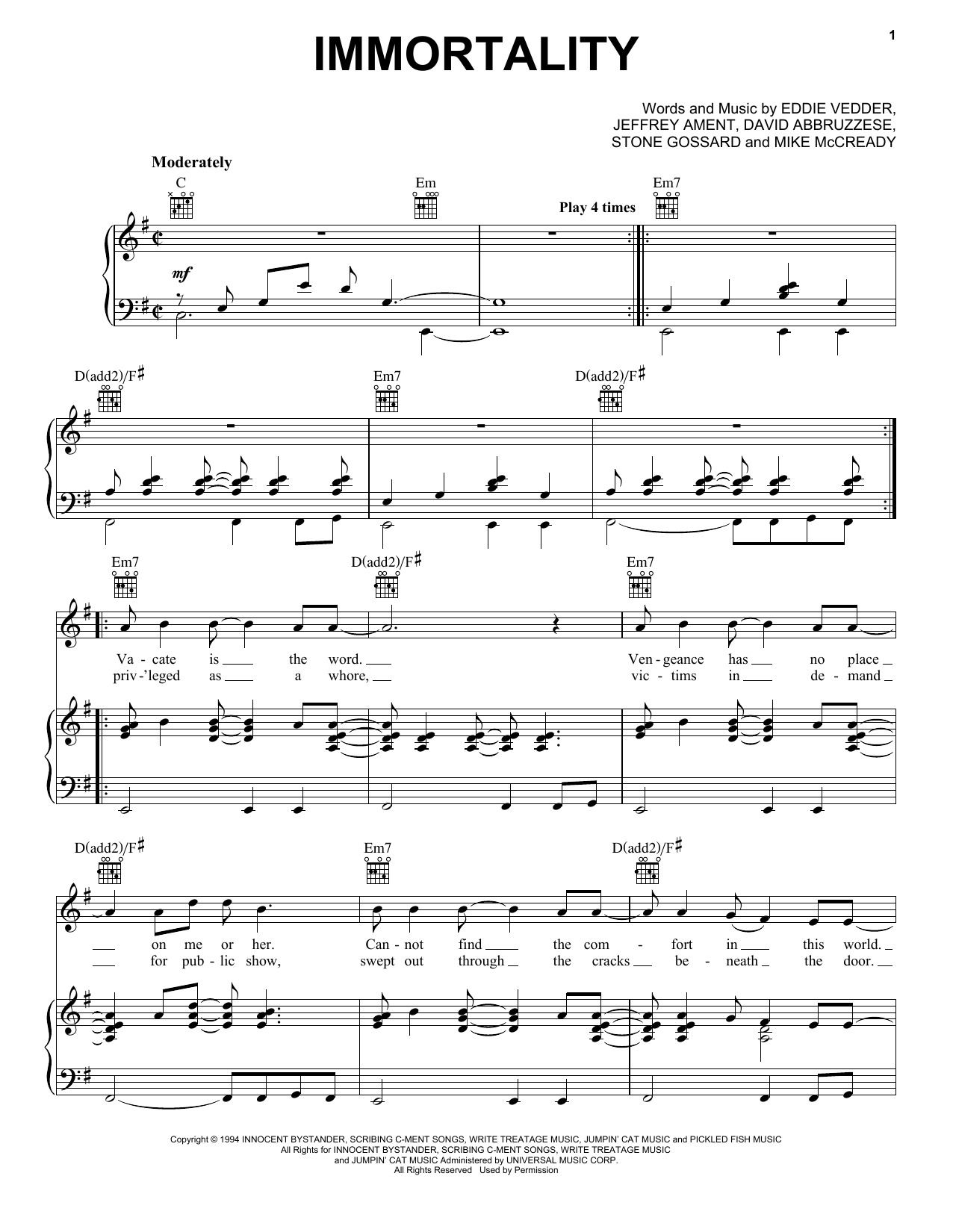 Pearl Jam Immortality Sheet Music Notes & Chords for Piano, Vocal & Guitar (Right-Hand Melody) - Download or Print PDF