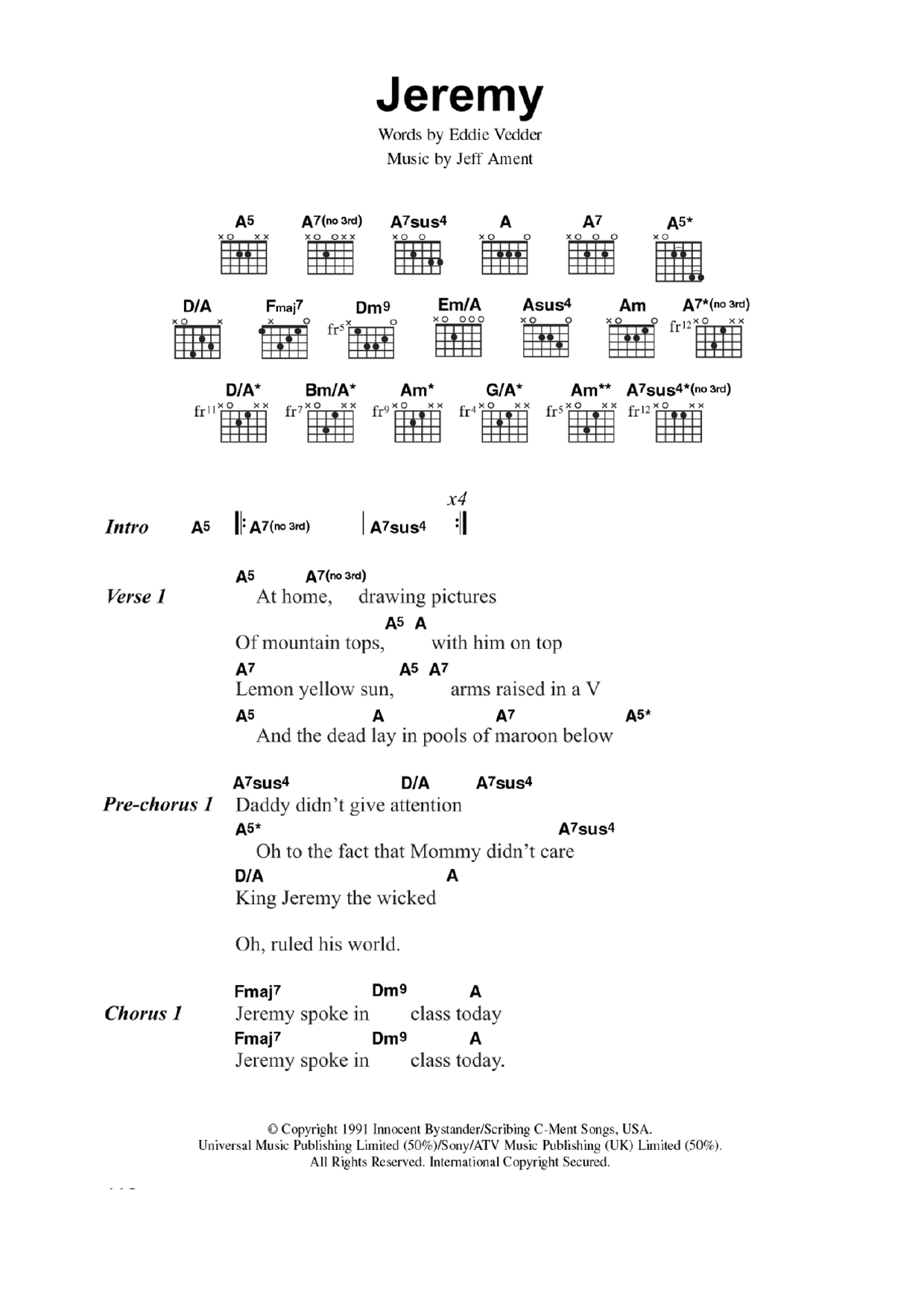 Pearl Jam Jeremy Sheet Music Notes & Chords for Guitar Lead Sheet - Download or Print PDF