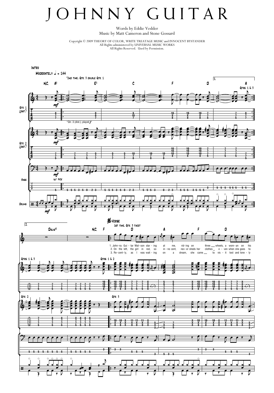 Pearl Jam Johnny Guitar Sheet Music Notes & Chords for Transcribed Score - Download or Print PDF