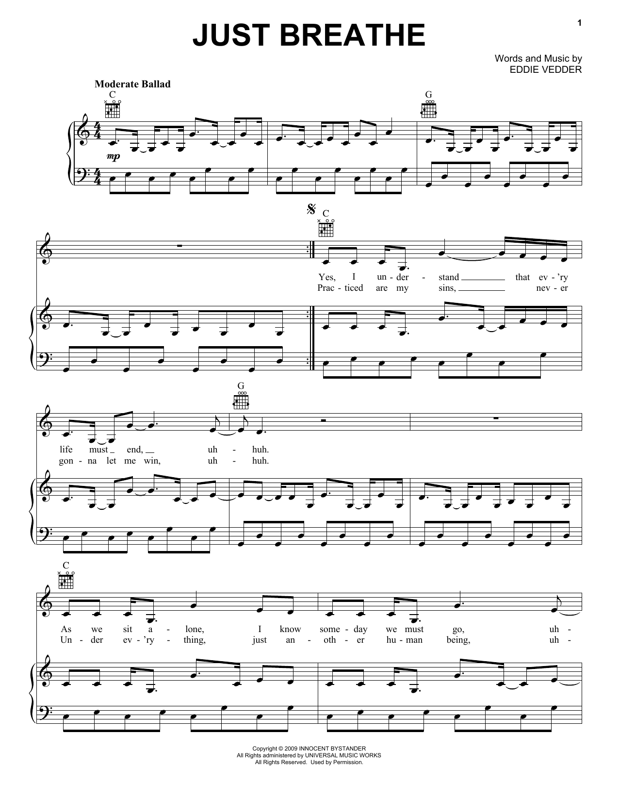 Pearl Jam Just Breathe Sheet Music Notes & Chords for Piano, Vocal & Guitar (Right-Hand Melody) - Download or Print PDF
