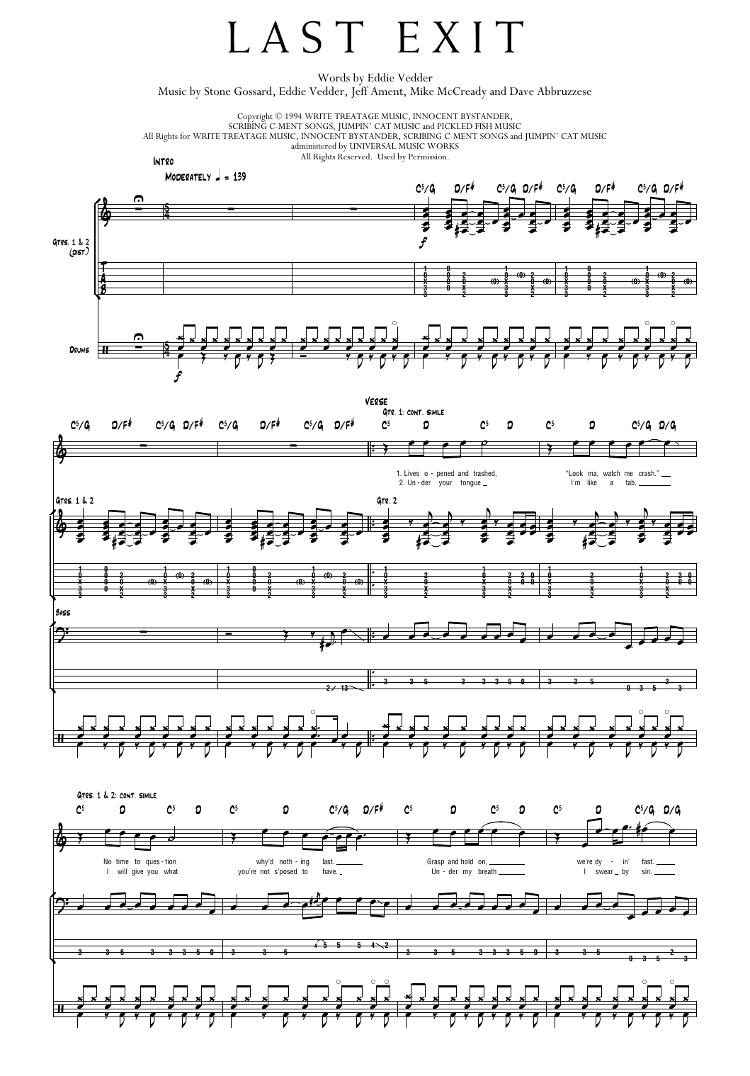 Pearl Jam Last Exit Sheet Music Notes & Chords for Transcribed Score - Download or Print PDF