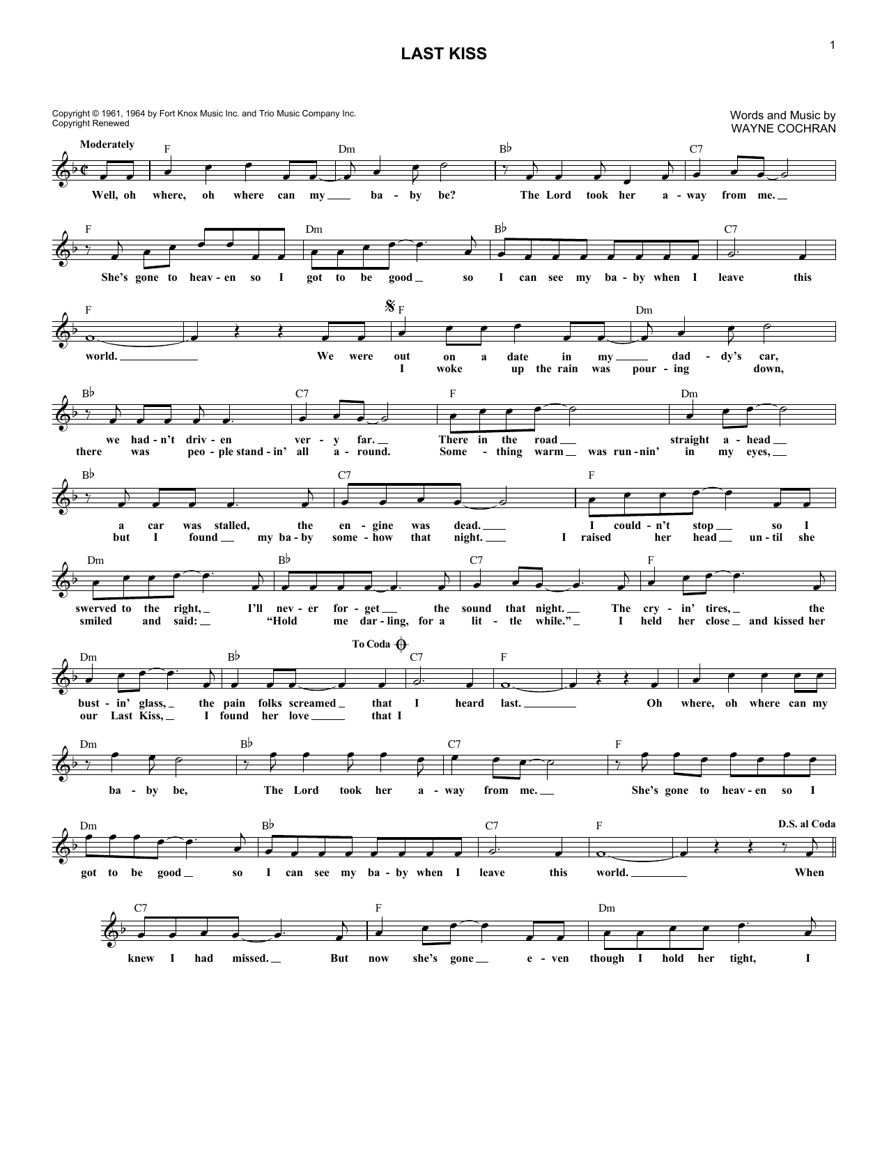 Pearl Jam Last Kiss Sheet Music Notes & Chords for Melody Line, Lyrics & Chords - Download or Print PDF