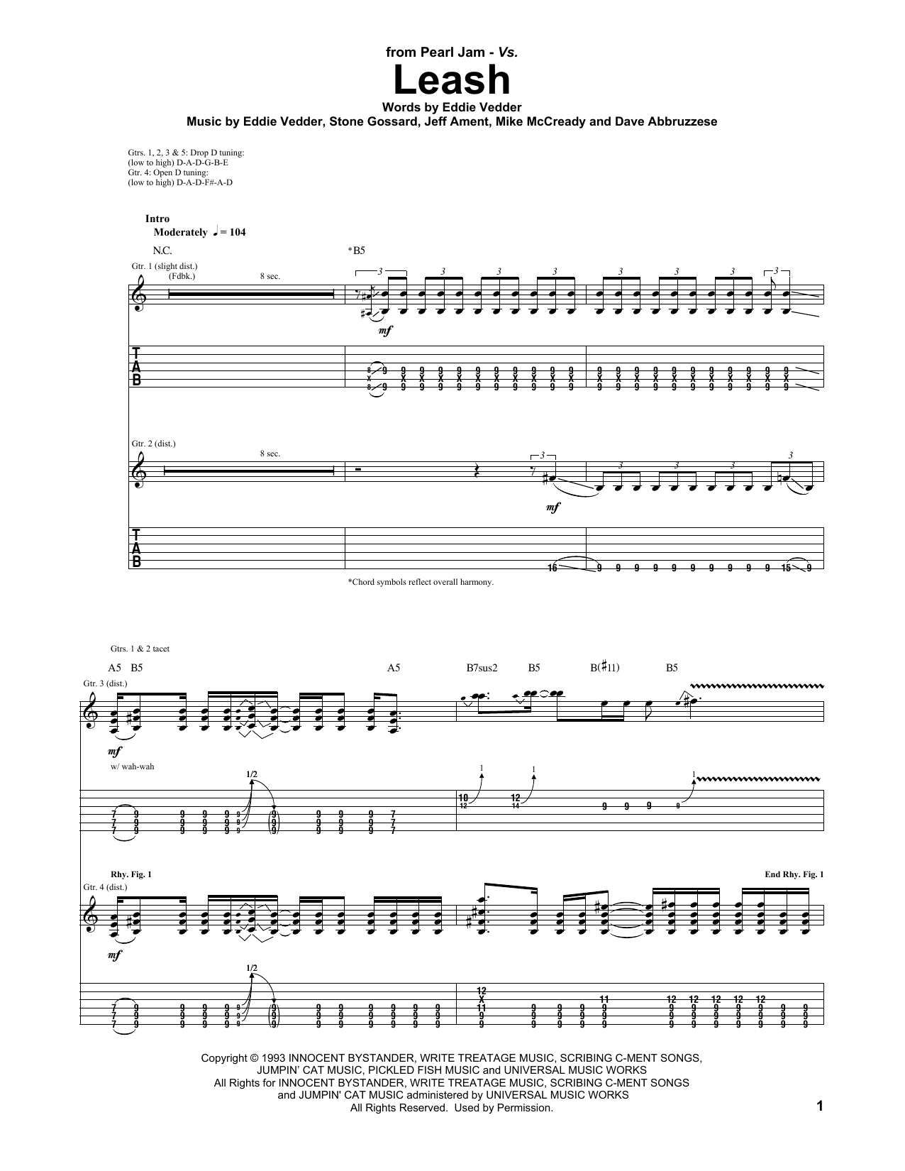 Pearl Jam Leash Sheet Music Notes & Chords for Guitar Tab - Download or Print PDF