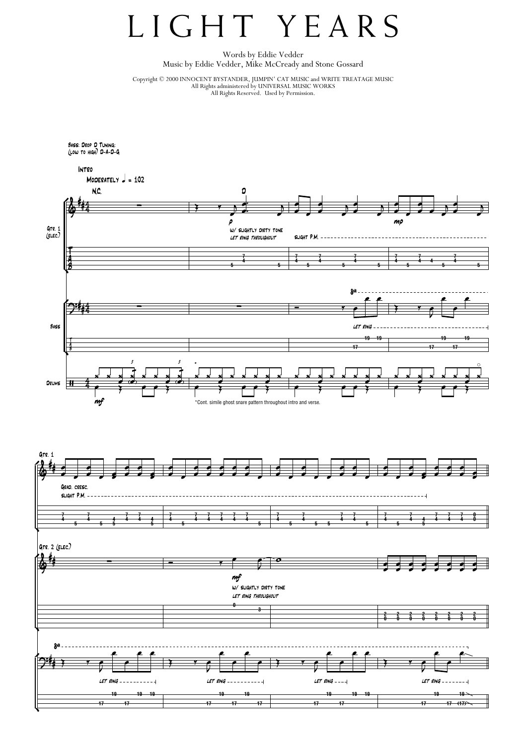 Pearl Jam Light Years Sheet Music Notes & Chords for Transcribed Score - Download or Print PDF