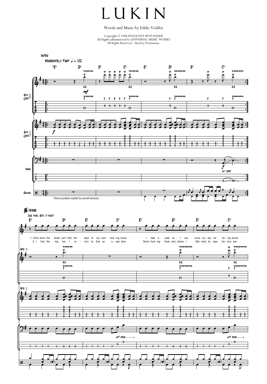 Pearl Jam Lukin Sheet Music Notes & Chords for Transcribed Score - Download or Print PDF