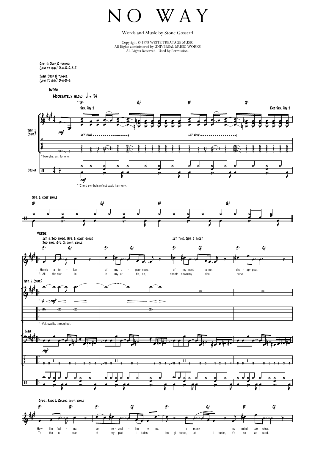 Pearl Jam No Way Sheet Music Notes & Chords for Transcribed Score - Download or Print PDF