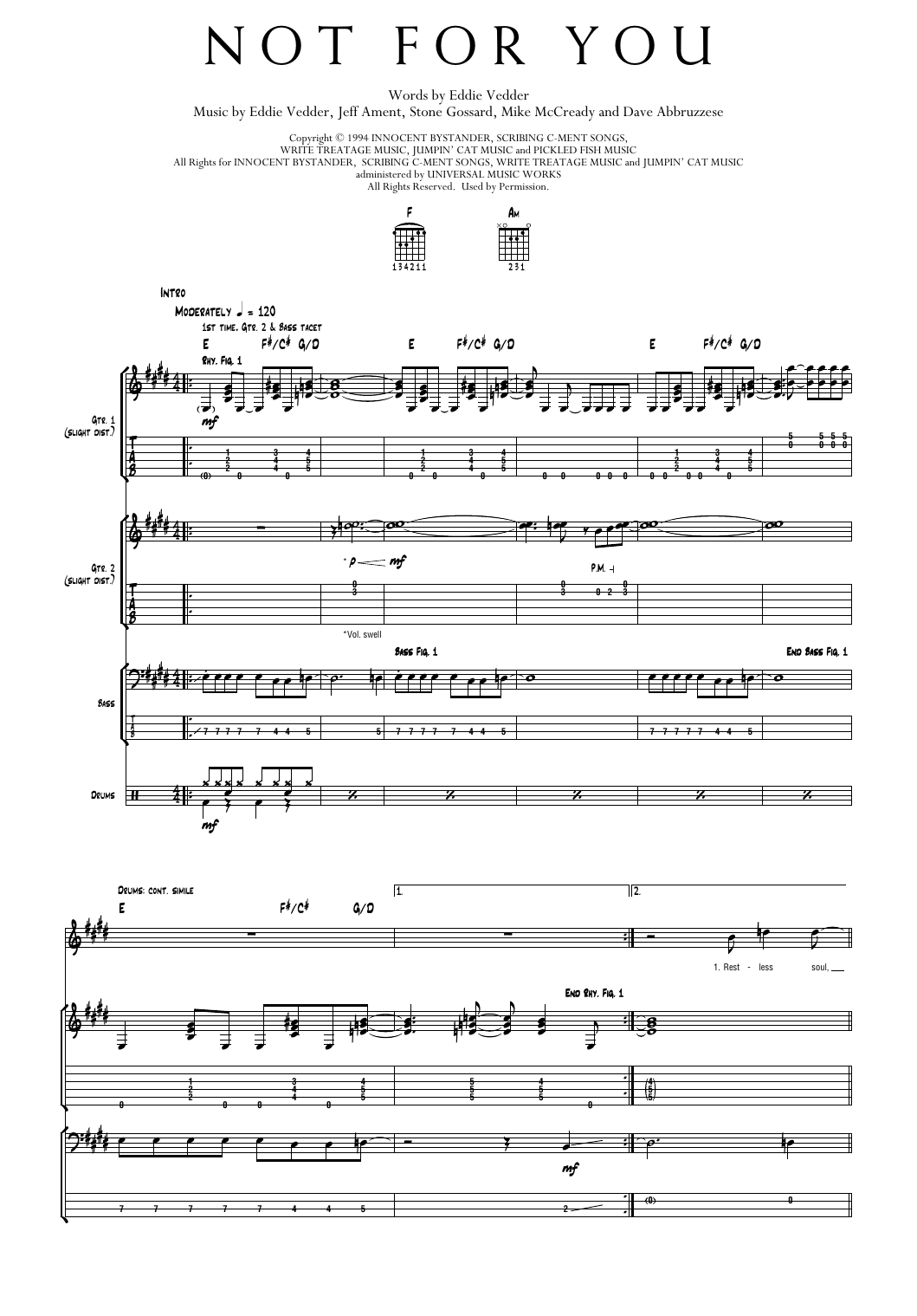 Pearl Jam Not For You Sheet Music Notes & Chords for Transcribed Score - Download or Print PDF