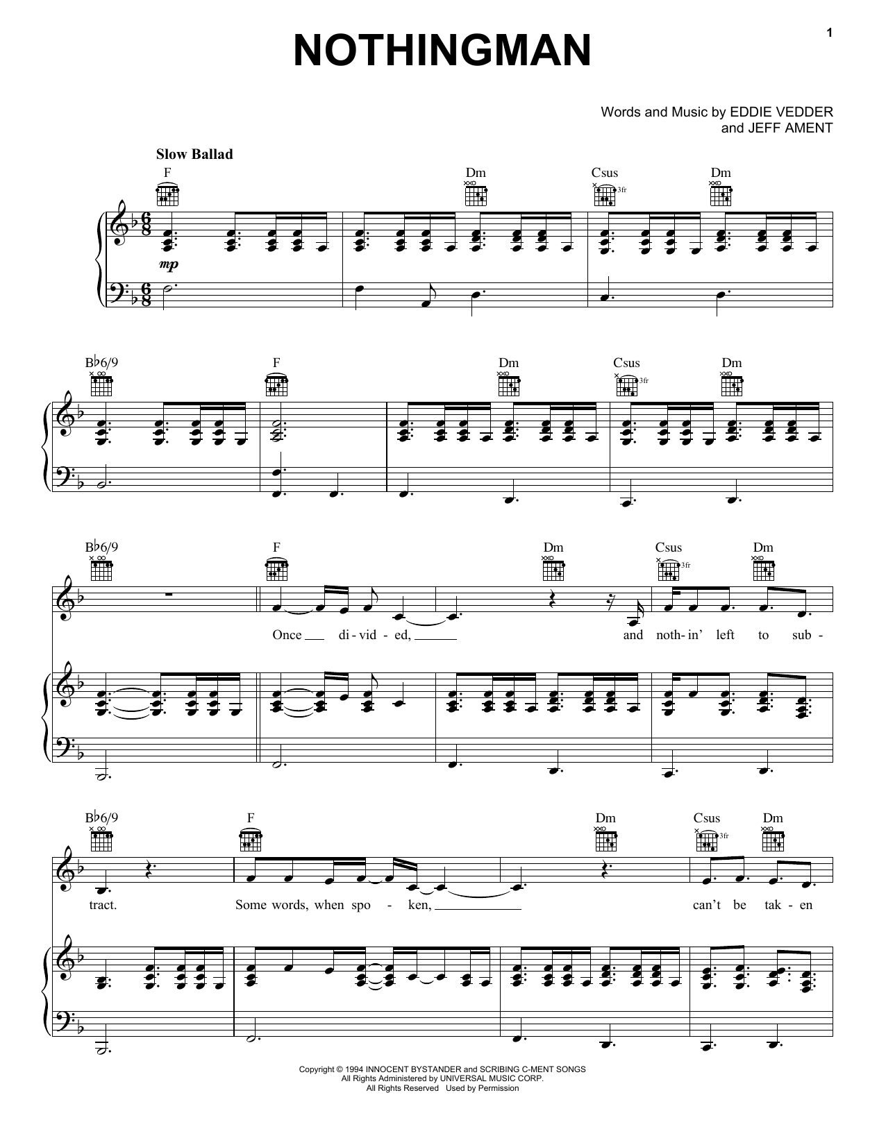 Pearl Jam Nothingman Sheet Music Notes & Chords for Piano, Vocal & Guitar (Right-Hand Melody) - Download or Print PDF