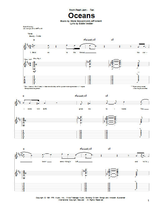 Pearl Jam Oceans Sheet Music Notes & Chords for Piano, Vocal & Guitar (Right-Hand Melody) - Download or Print PDF