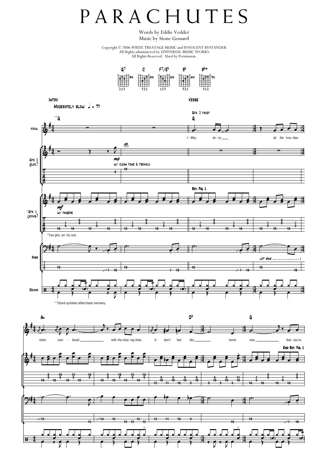 Pearl Jam Parachutes Sheet Music Notes & Chords for Transcribed Score - Download or Print PDF