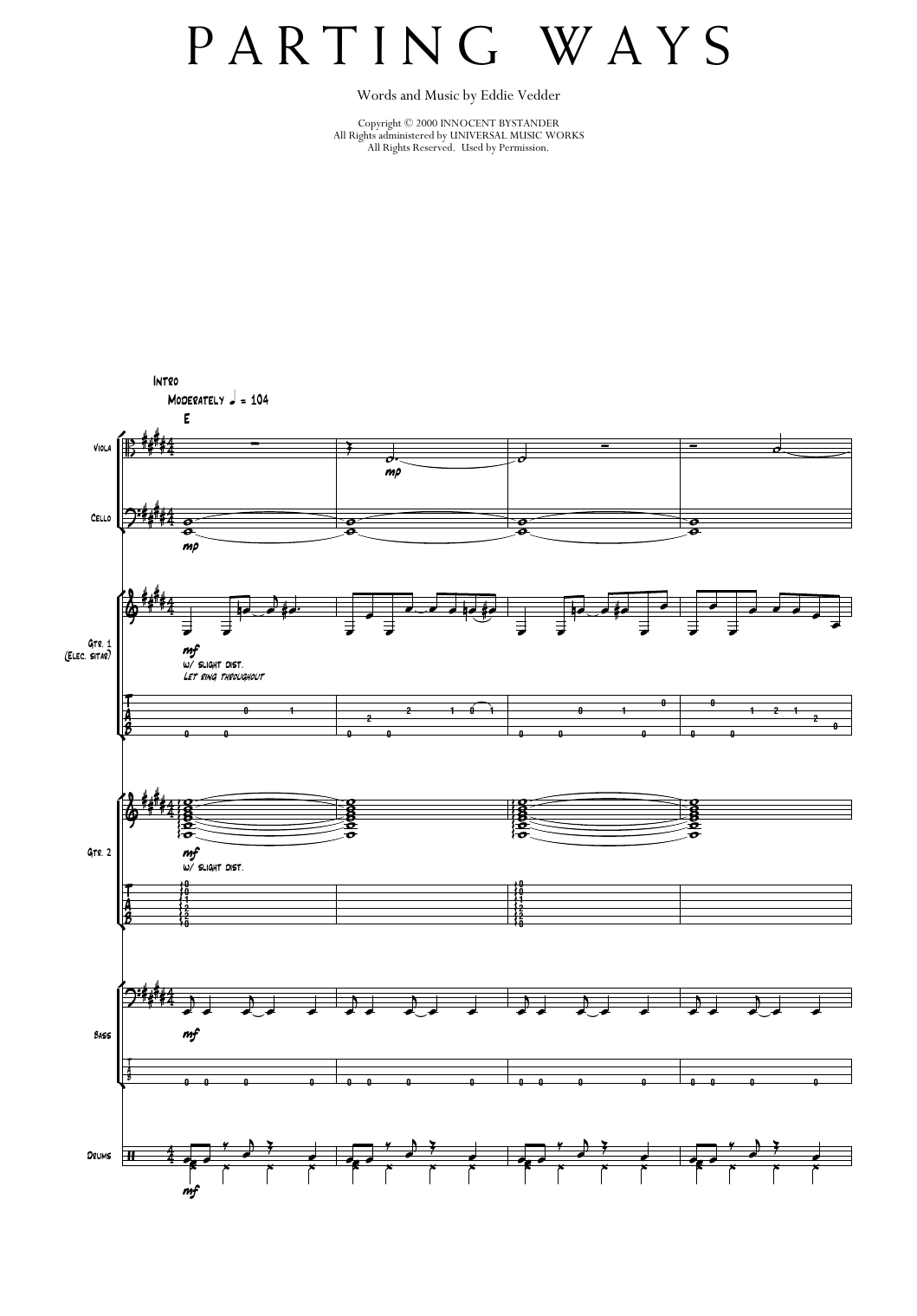 Pearl Jam Parting Ways Sheet Music Notes & Chords for Transcribed Score - Download or Print PDF