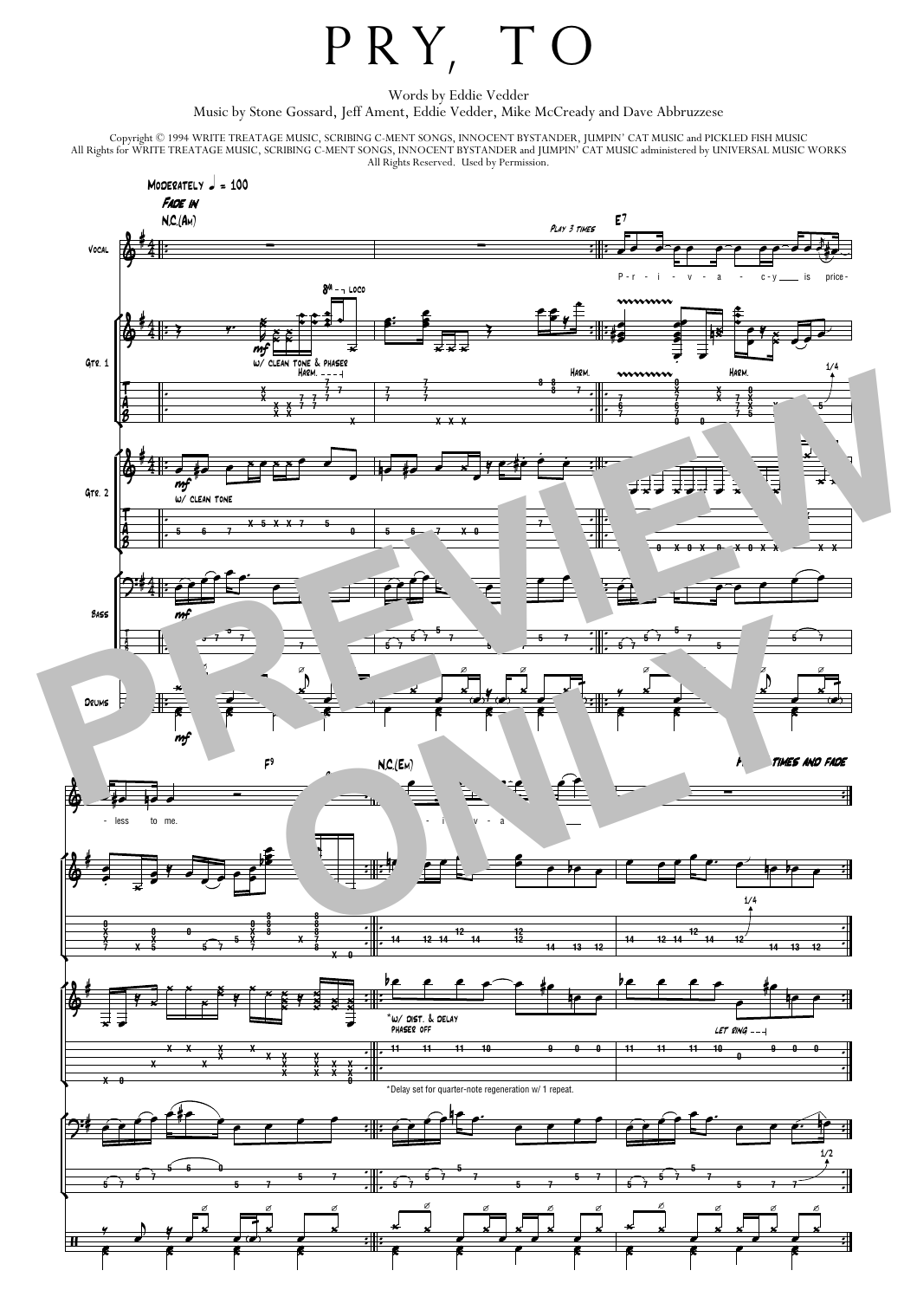 Pearl Jam Pry, To Sheet Music Notes & Chords for Transcribed Score - Download or Print PDF