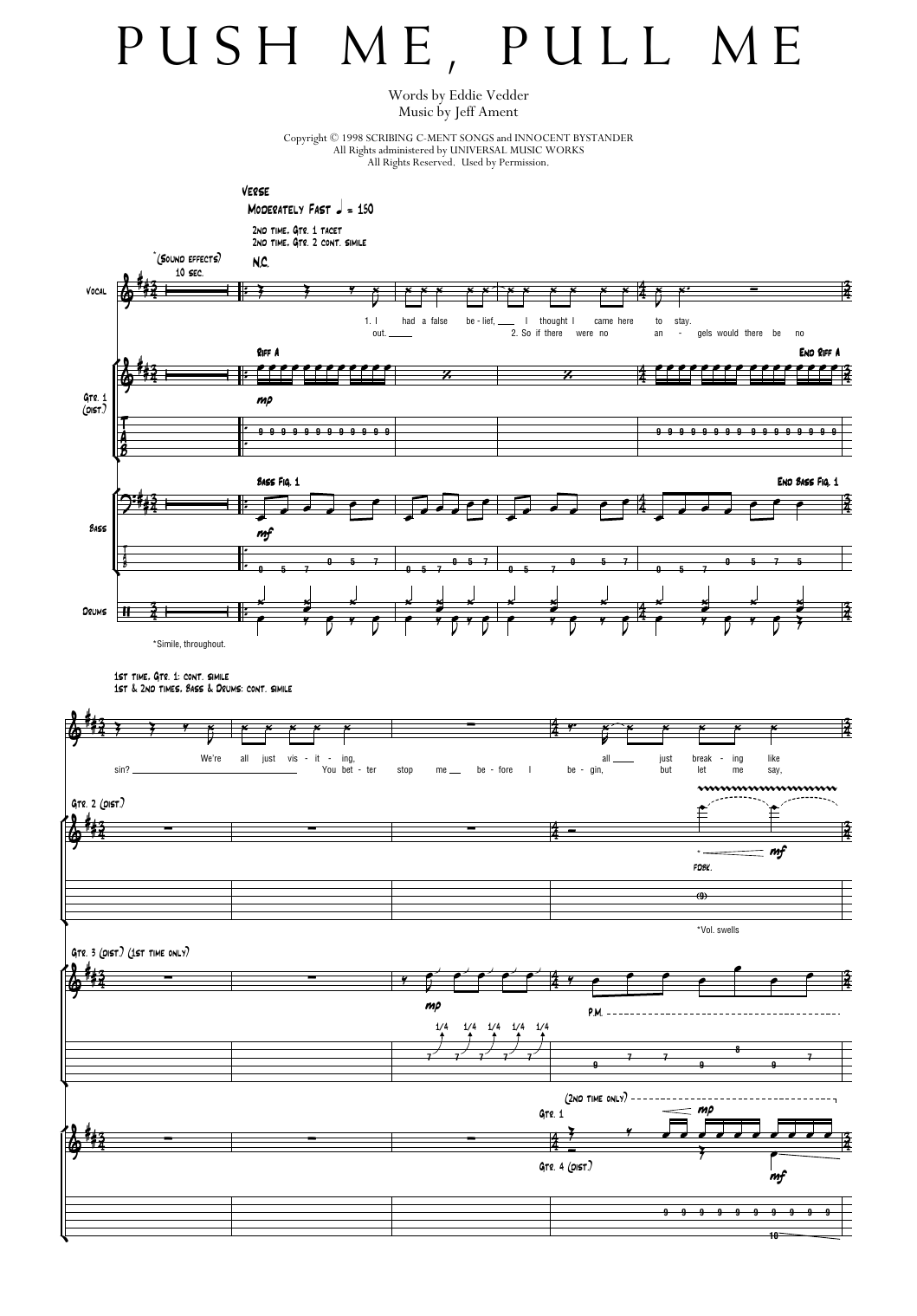 Pearl Jam Push Me, Pull Me Sheet Music Notes & Chords for Transcribed Score - Download or Print PDF