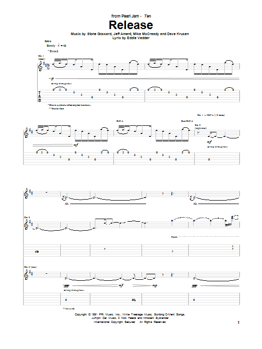 Pearl Jam Release Sheet Music Notes & Chords for Guitar Tab - Download or Print PDF