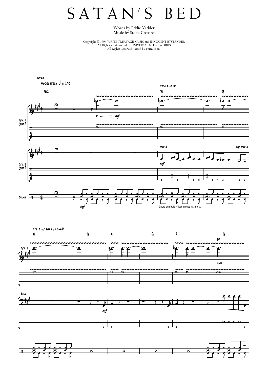 Pearl Jam Satan's Bed Sheet Music Notes & Chords for Transcribed Score - Download or Print PDF