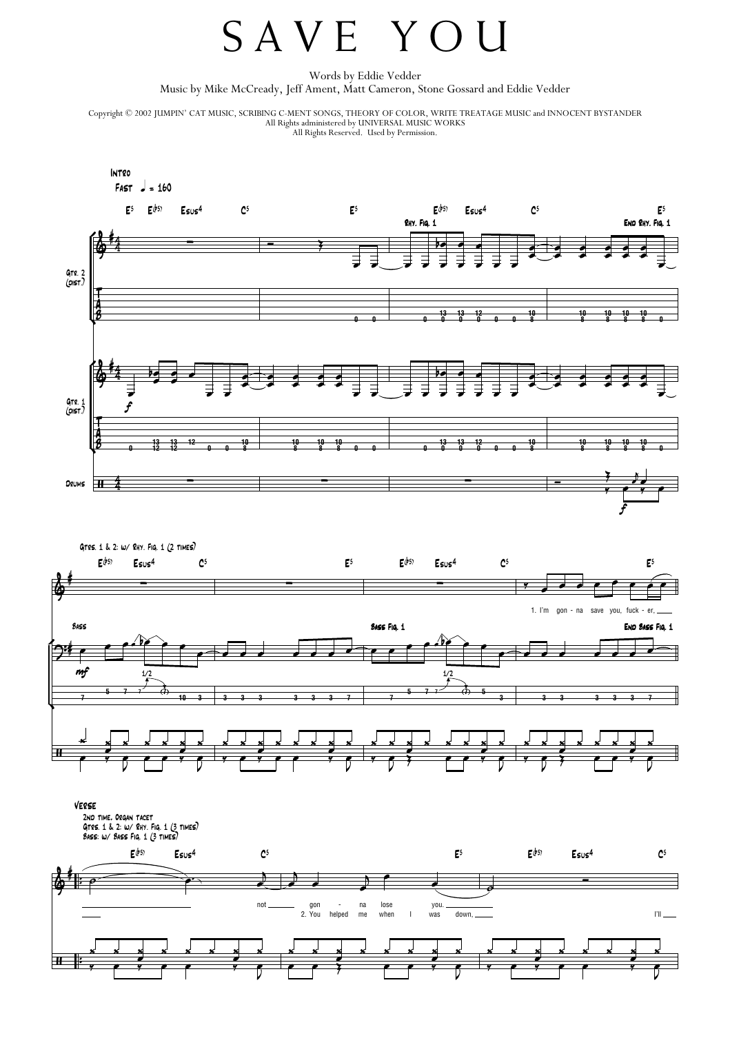 Pearl Jam Save You Sheet Music Notes & Chords for Transcribed Score - Download or Print PDF
