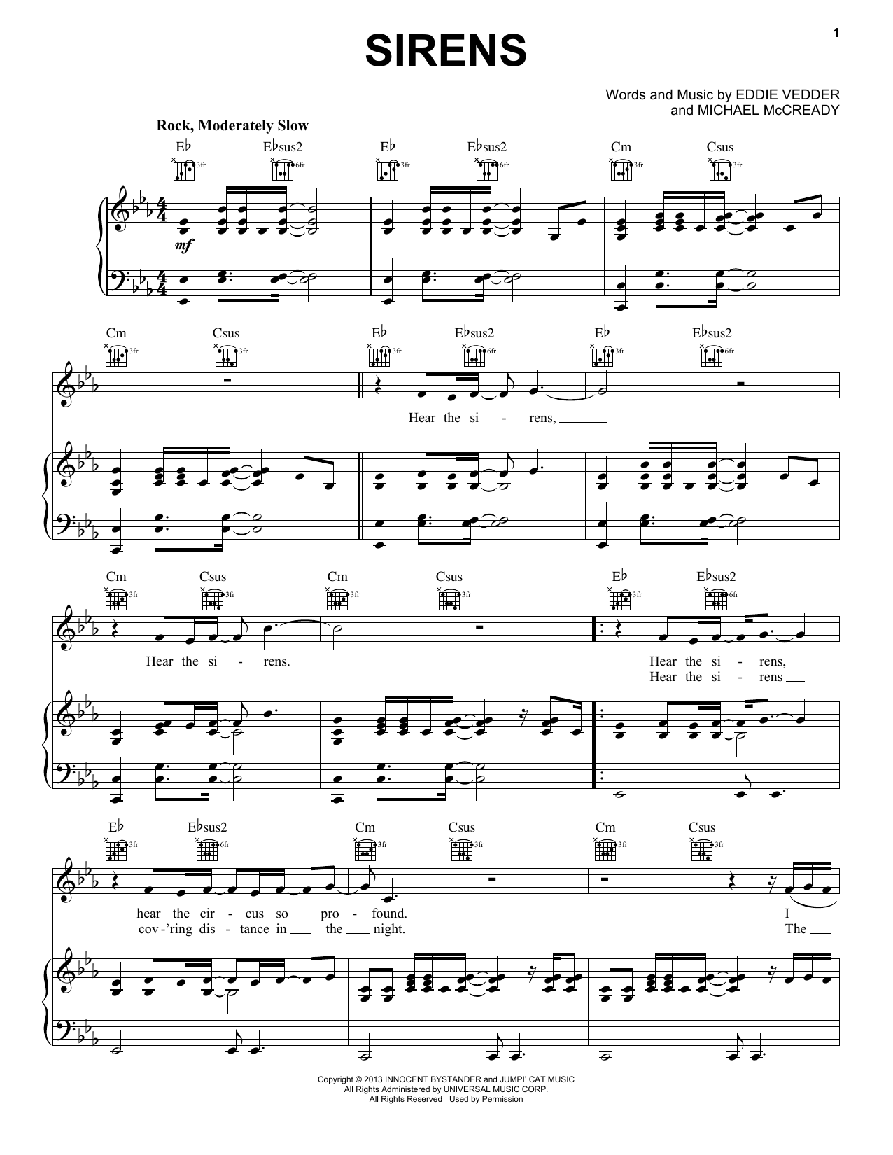 Pearl Jam Sirens Sheet Music Notes & Chords for Piano, Vocal & Guitar (Right-Hand Melody) - Download or Print PDF