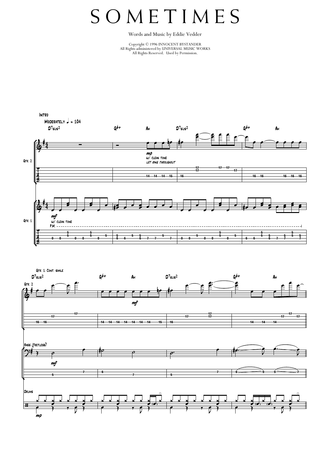 Pearl Jam Sometimes Sheet Music Notes & Chords for Transcribed Score - Download or Print PDF