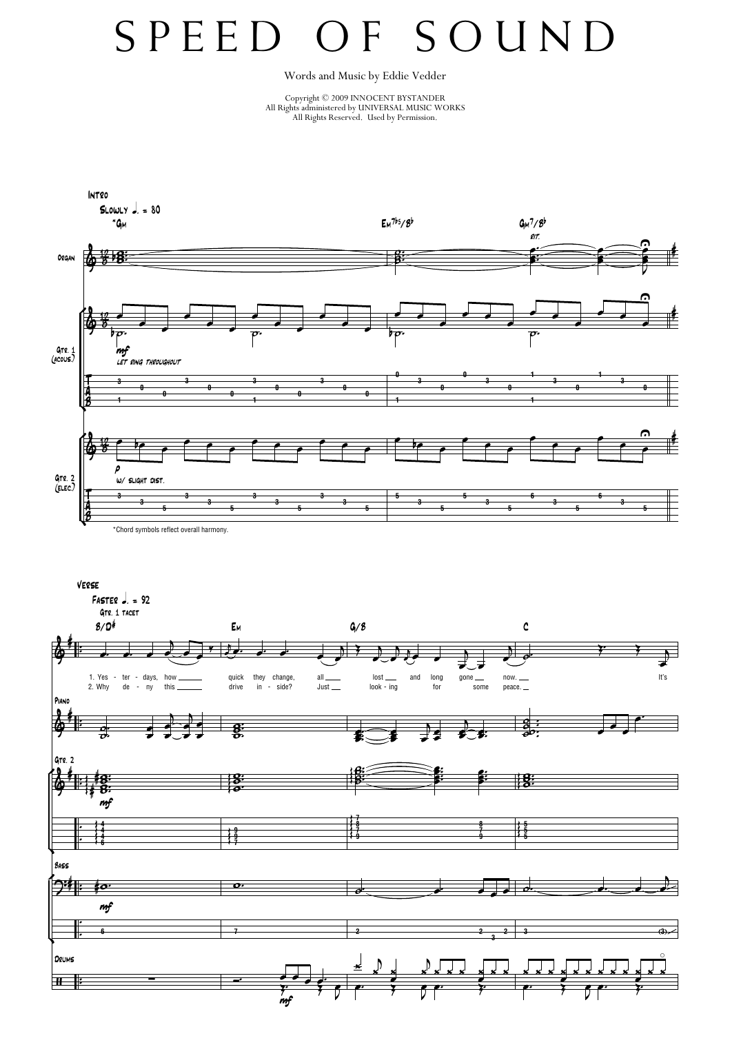 Pearl Jam Speed Of Sound Sheet Music Notes & Chords for Transcribed Score - Download or Print PDF