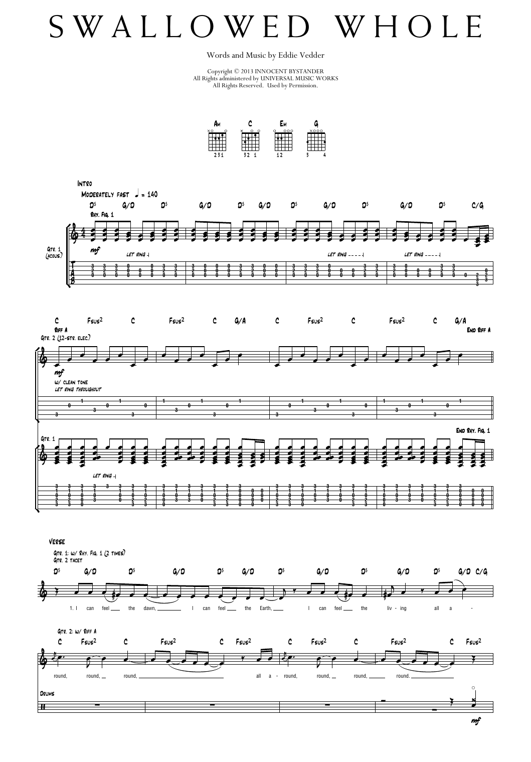 Pearl Jam Swallowed Whole Sheet Music Notes & Chords for Transcribed Score - Download or Print PDF