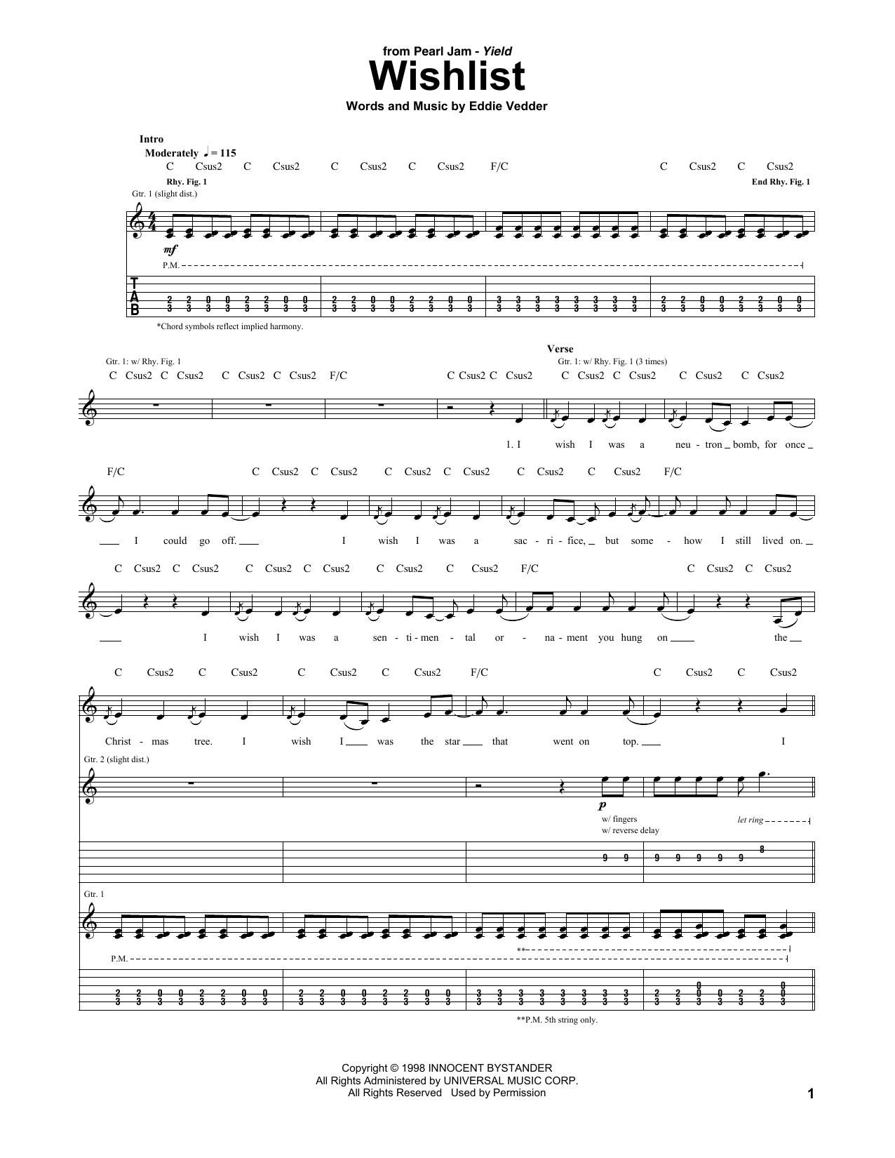 Pearl Jam Wishlist Sheet Music Notes & Chords for Guitar Tab - Download or Print PDF