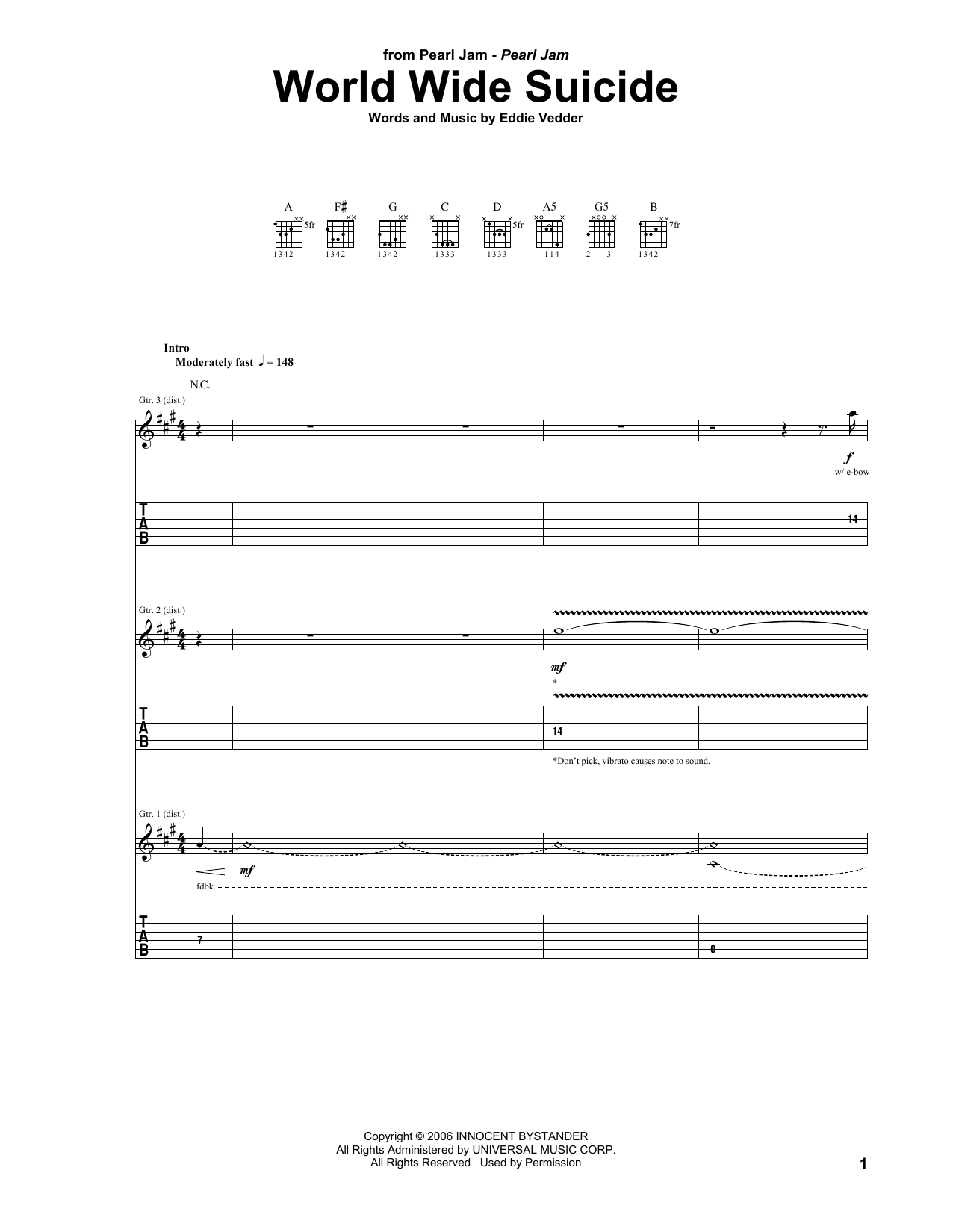 Pearl Jam World Wide Suicide Sheet Music Notes & Chords for Guitar Tab - Download or Print PDF