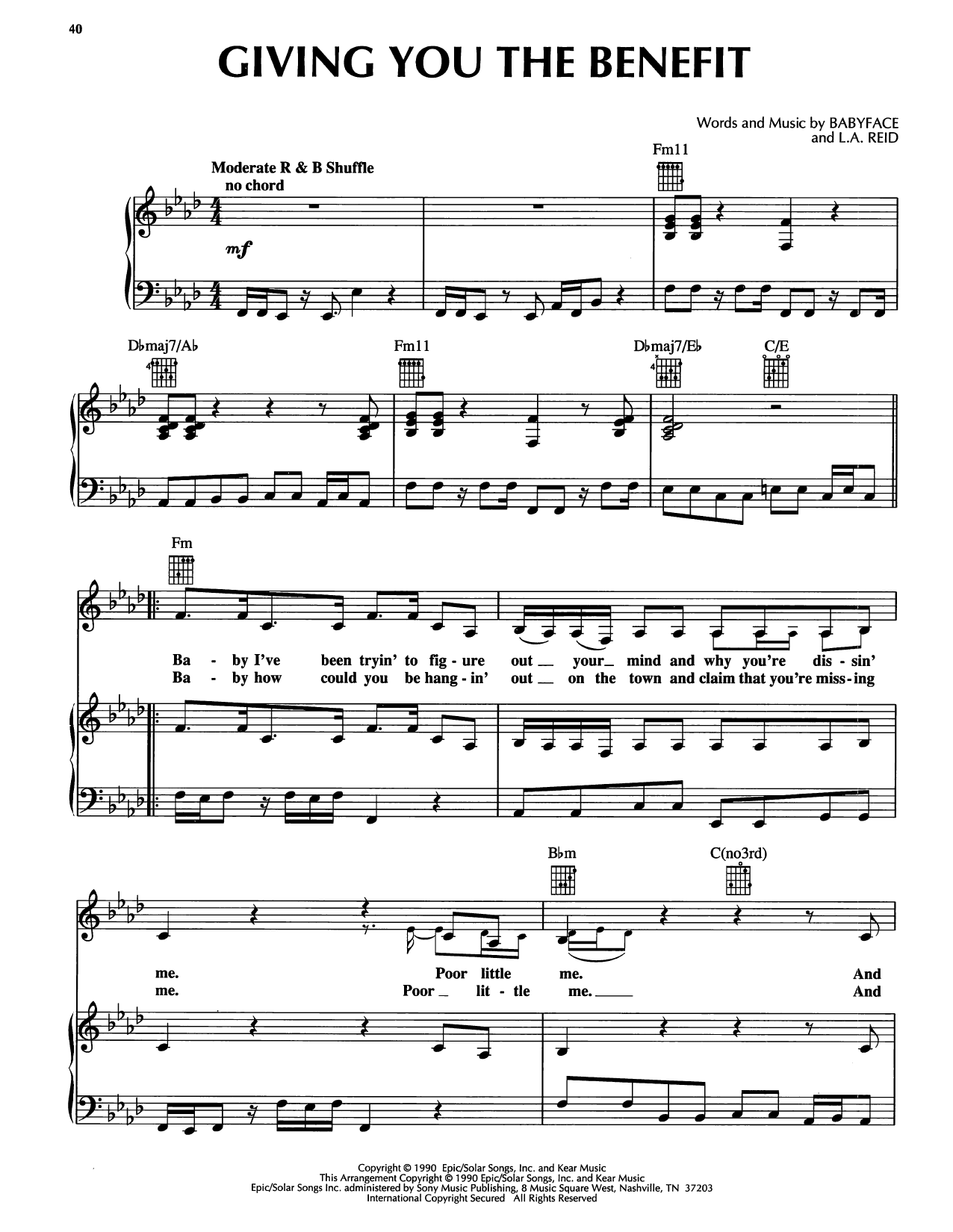 Pebbles Giving You The Benefit Sheet Music Notes & Chords for Piano, Vocal & Guitar Chords (Right-Hand Melody) - Download or Print PDF