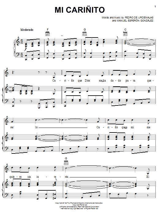 Pedro Fernandez Mi Carinito Sheet Music Notes & Chords for Piano, Vocal & Guitar (Right-Hand Melody) - Download or Print PDF Pedro Fernandez Mi Carinito Sheet Music Notes & Chords for Piano, Vocal & Guitar (Right-Hand Melody) - Download or Print PDF