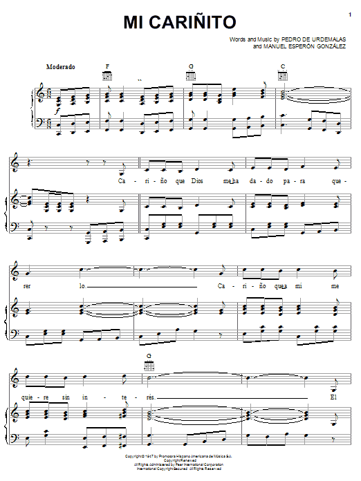 Pedro Fernandez Mi Carinito Sheet Music Notes & Chords for Piano, Vocal & Guitar (Right-Hand Melody) - Download or Print PDF