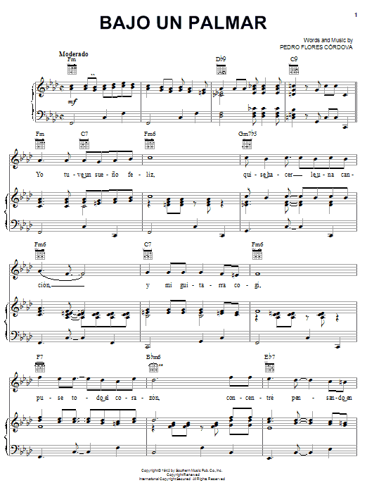 Pedro Flores Cordova Bajo Un Palmar Sheet Music Notes & Chords for Piano, Vocal & Guitar (Right-Hand Melody) - Download or Print PDF