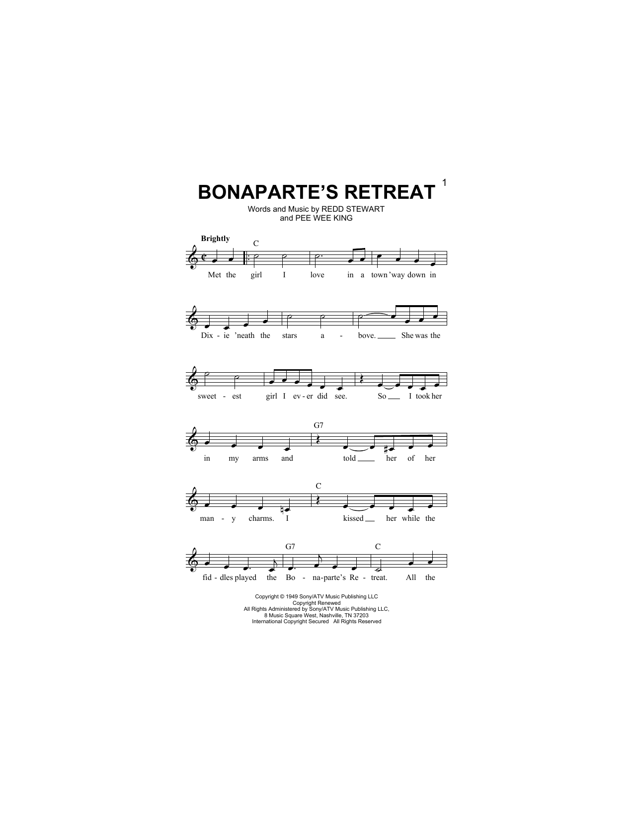 Pee Wee King Bonaparte's Retreat Sheet Music Notes & Chords for Melody Line, Lyrics & Chords - Download or Print PDF