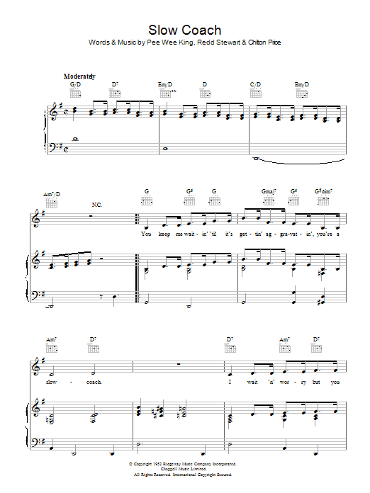 Pee Wee King Slow Coach Sheet Music Notes & Chords for Piano, Vocal & Guitar (Right-Hand Melody) - Download or Print PDF