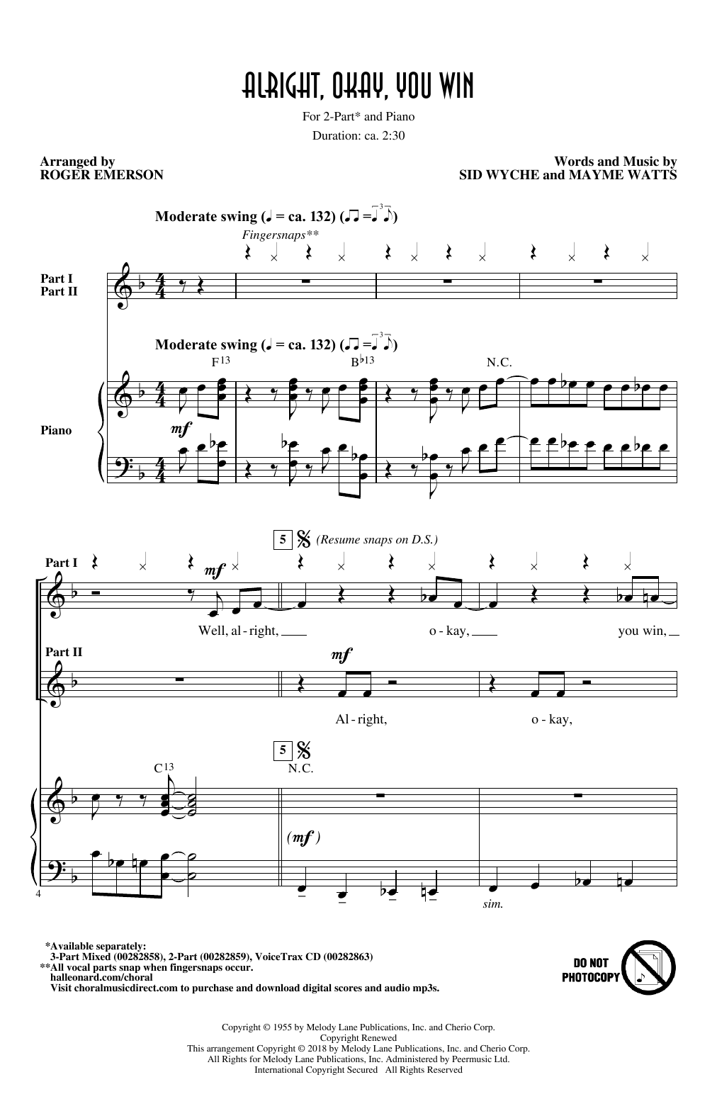 Peggy Lee Alright, Okay, You Win (arr. Roger Emerson) Sheet Music Notes & Chords for 2-Part Choir - Download or Print PDF
