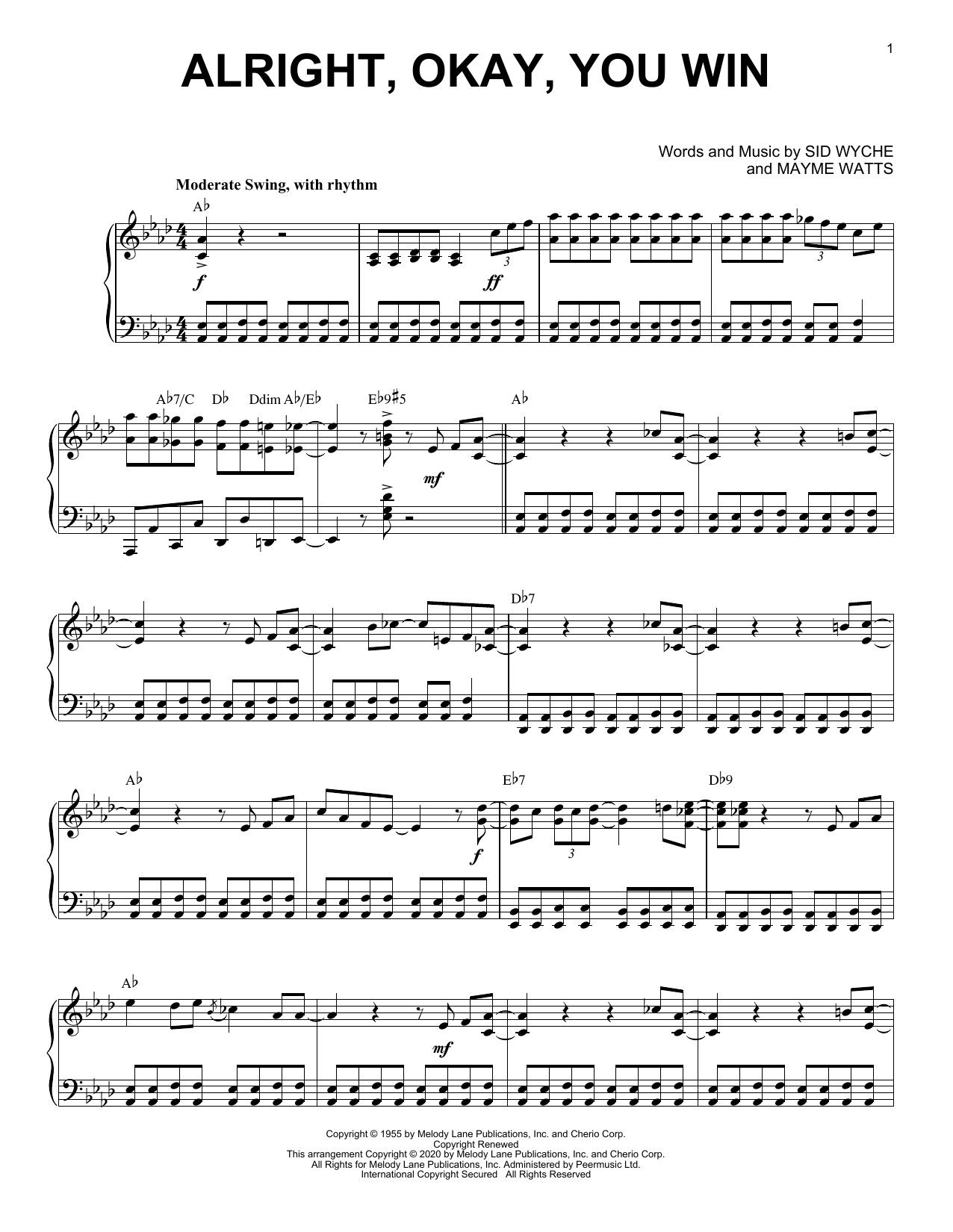 Peggy Lee Alright, Okay, You Win [Jazz version] (arr. Brent Edstrom) Sheet Music Notes & Chords for Piano Solo - Download or Print PDF
