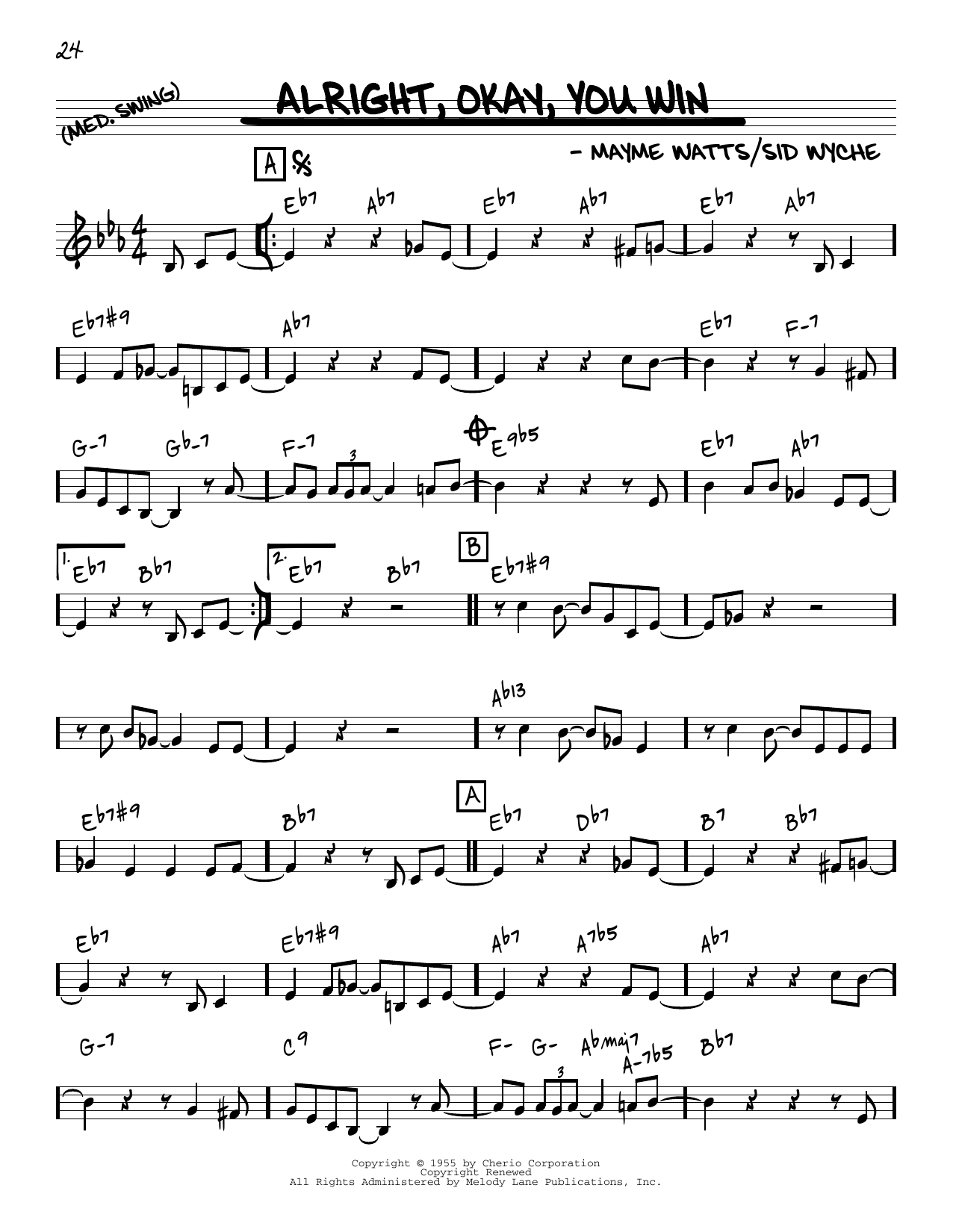 Peggy Lee Alright, Okay, You Win [Reharmonized version] (arr. Jack Grassel) Sheet Music Notes & Chords for Real Book – Melody & Chords - Download or Print PDF