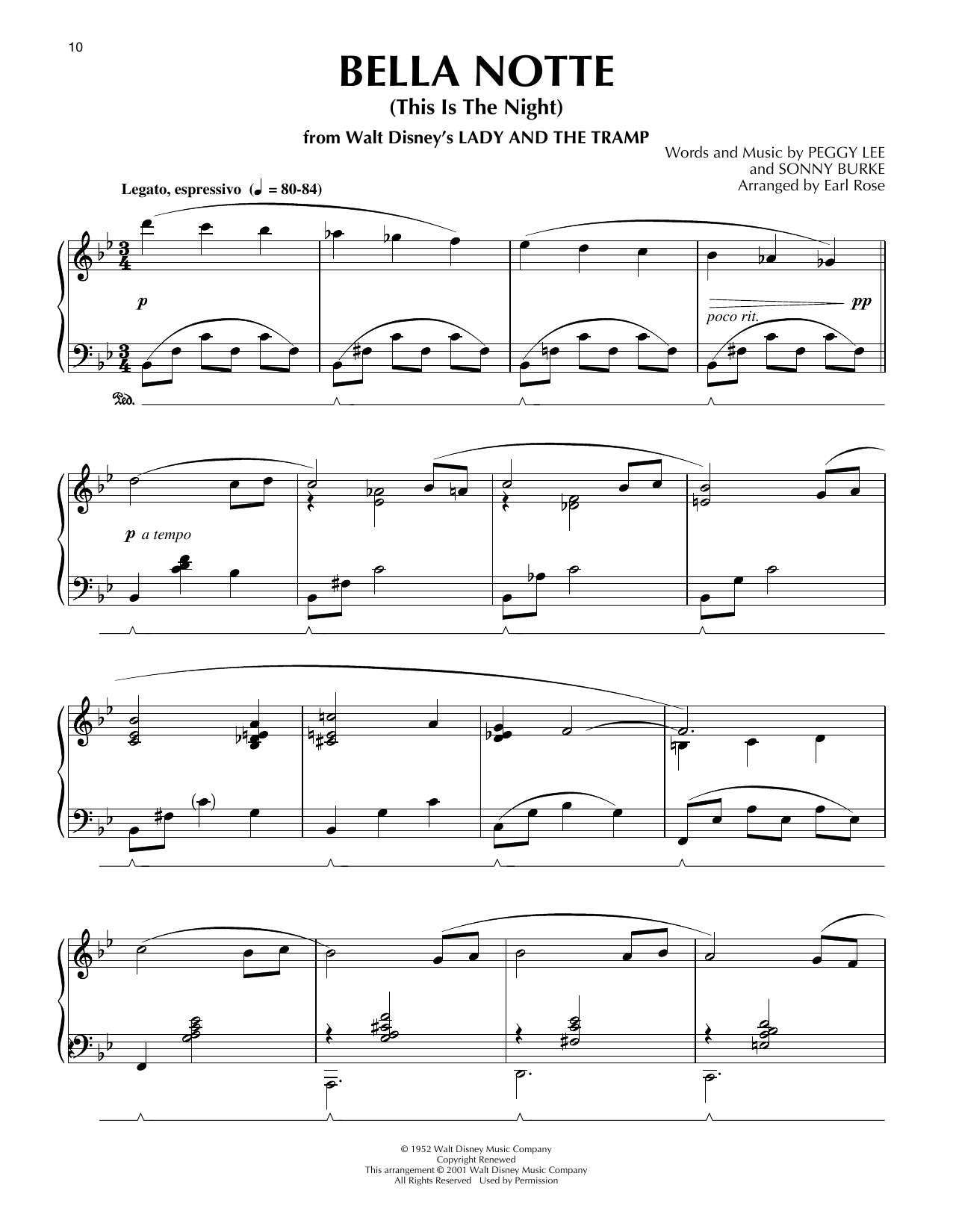 Peggy Lee Bella Notte (from Lady And The Tramp) (arr. Earl Rose) Sheet Music Notes & Chords for Piano Solo - Download or Print PDF