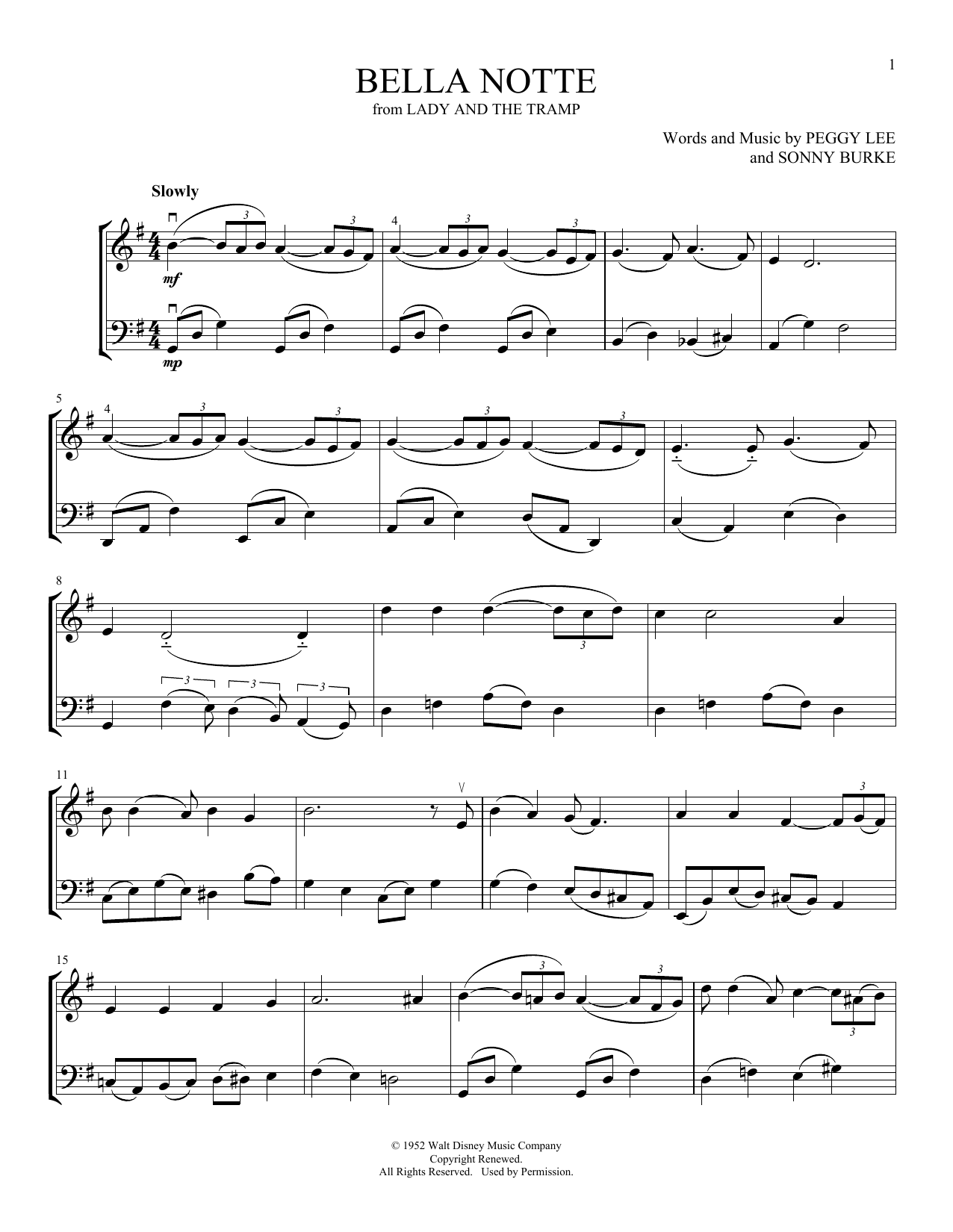 Peggy Lee Bella Notte (from Lady And The Tramp) (arr. Michelle Hynson) Sheet Music Notes & Chords for Instrumental Duet - Download or Print PDF