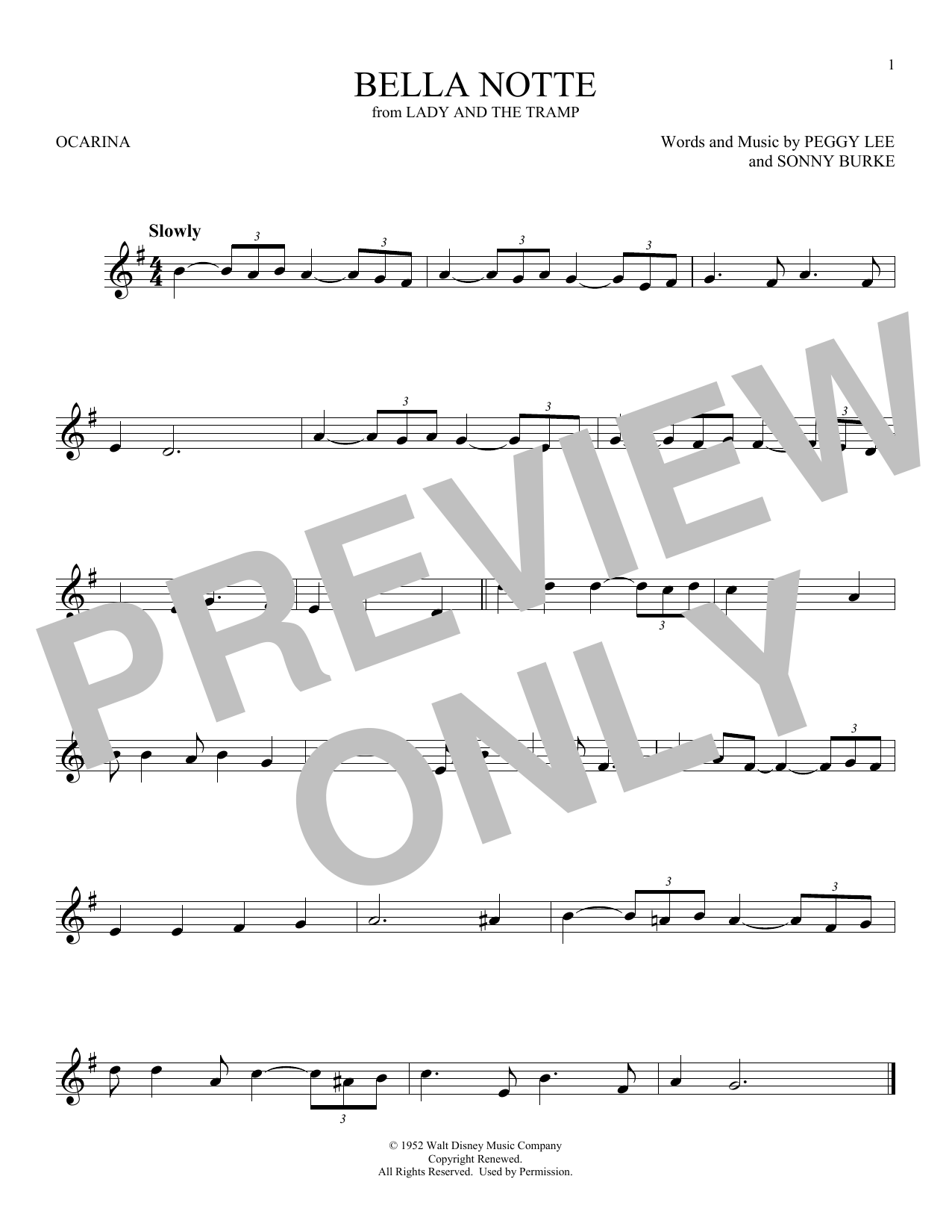 Peggy Lee Bella Notte (from Lady And The Tramp) Sheet Music Notes & Chords for Ocarina - Download or Print PDF