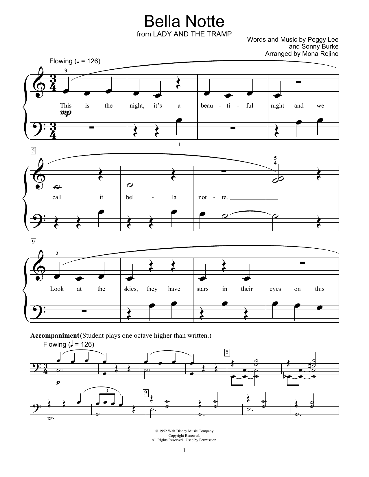 Peggy Lee & Sonny Burke Bella Notte (from Lady And The Tramp) (arr. Mona Rejino) Sheet Music Notes & Chords for Educational Piano - Download or Print PDF