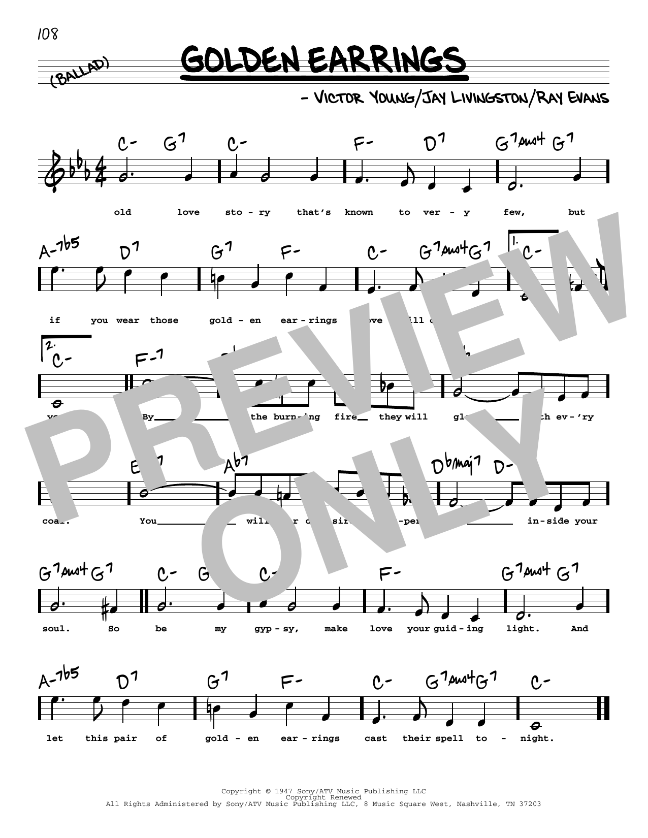 Peggy Lee Golden Earrings (High Voice) Sheet Music Notes & Chords for Real Book – Melody, Lyrics & Chords - Download or Print PDF