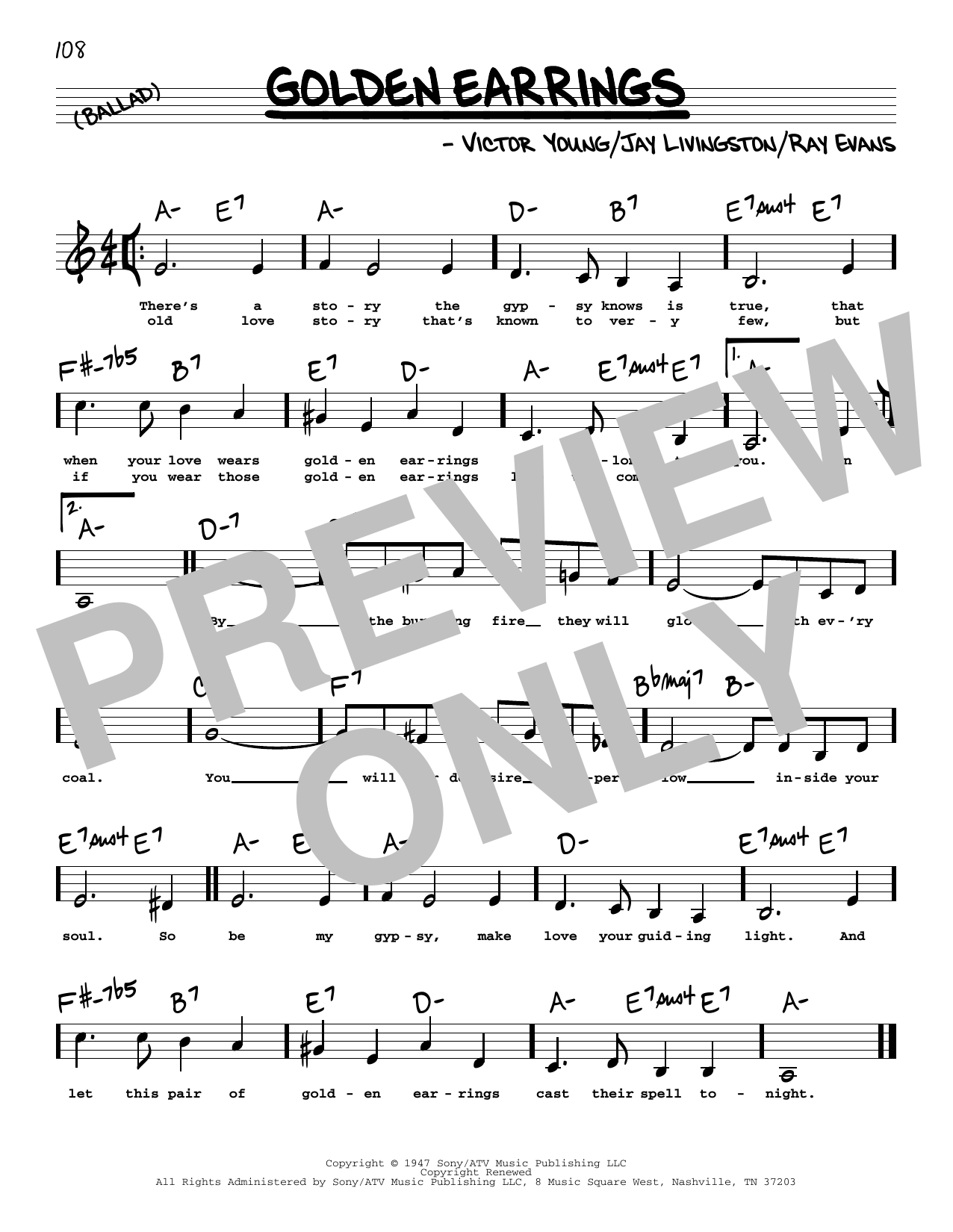 Peggy Lee Golden Earrings (Low Voice) Sheet Music Notes & Chords for Real Book – Melody, Lyrics & Chords - Download or Print PDF