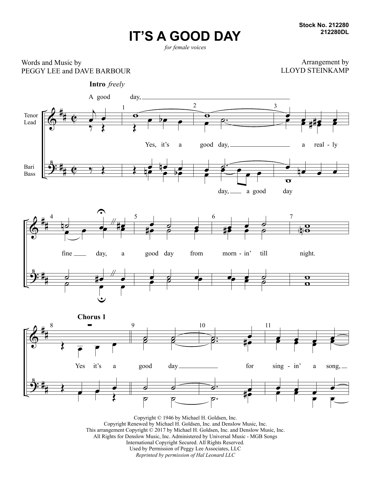 Peggy Lee It's a Good Day (arr. Lloyd Steinkamp) Sheet Music Notes & Chords for TTBB Choir - Download or Print PDF
