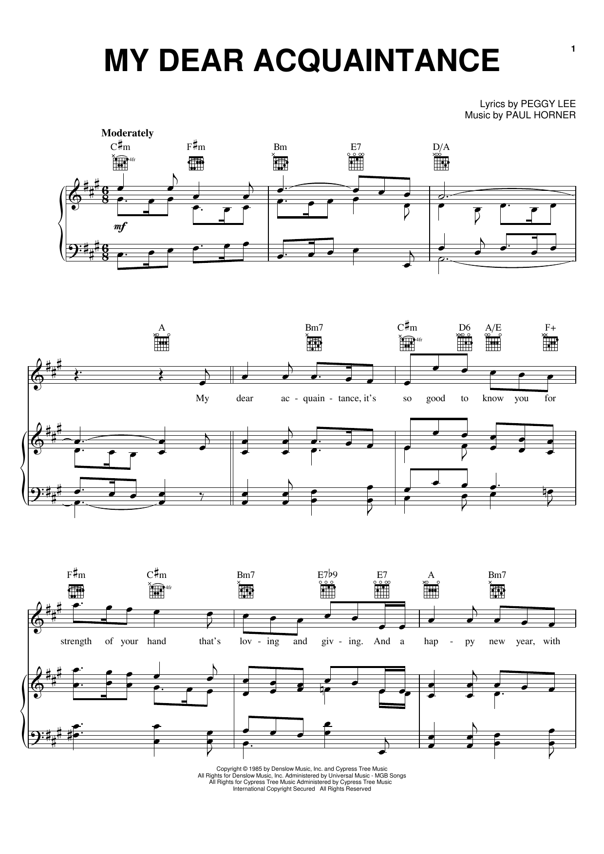 Peggy Lee My Dear Acquaintance Sheet Music Notes & Chords for Piano, Vocal & Guitar (Right-Hand Melody) - Download or Print PDF