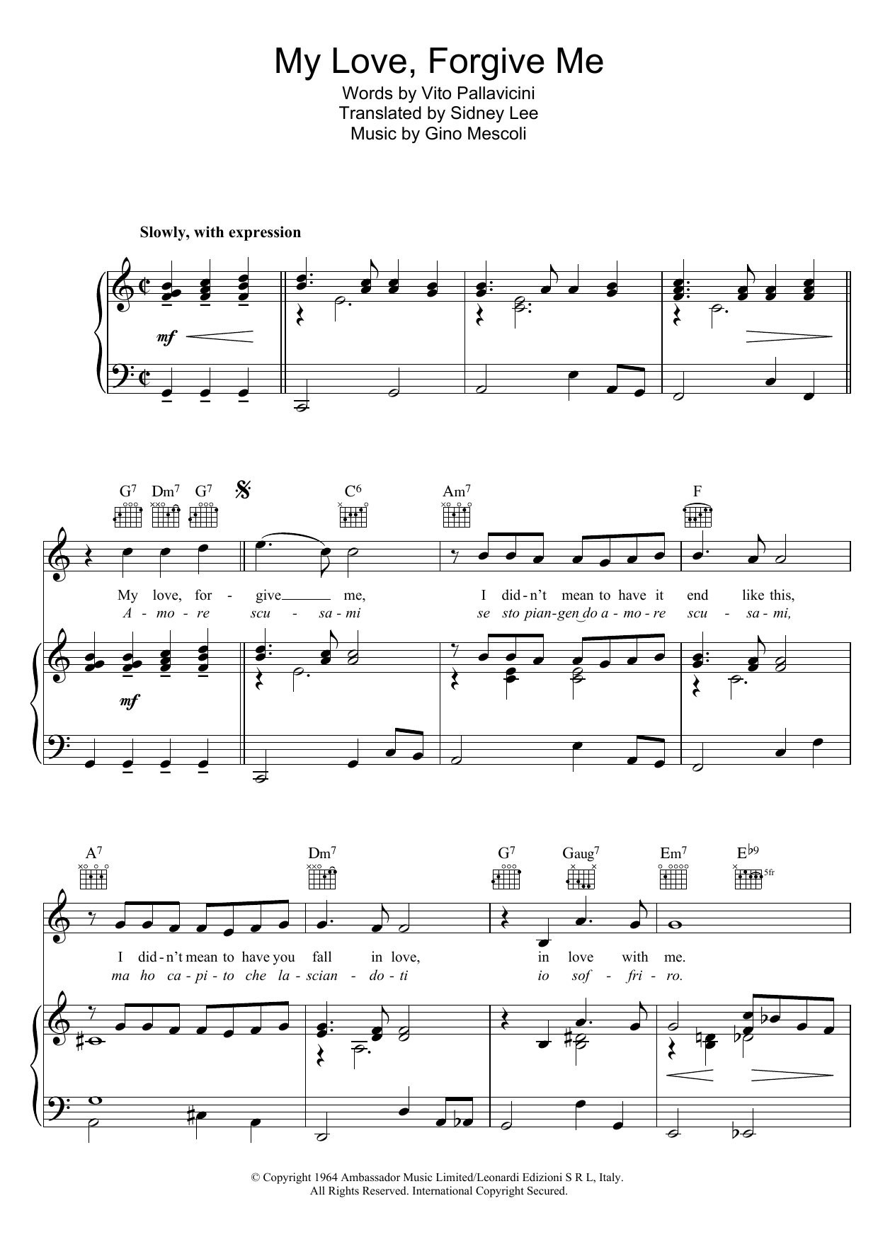 Peggy Lee My Love Forgive Me (Amore Scusami) Sheet Music Notes & Chords for Piano, Vocal & Guitar (Right-Hand Melody) - Download or Print PDF