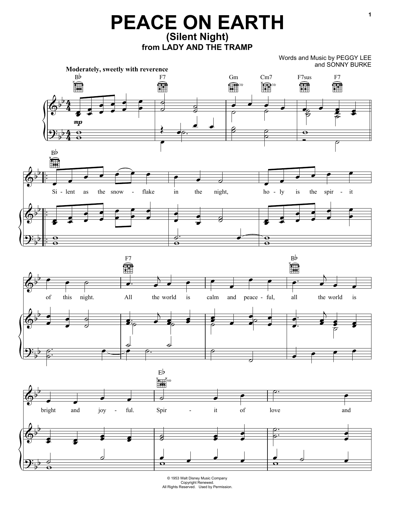 Peggy Lee Peace On Earth (Silent Night) (from Lady And The Tramp) Sheet Music Notes & Chords for Piano, Vocal & Guitar (Right-Hand Melody) - Download or Print PDF