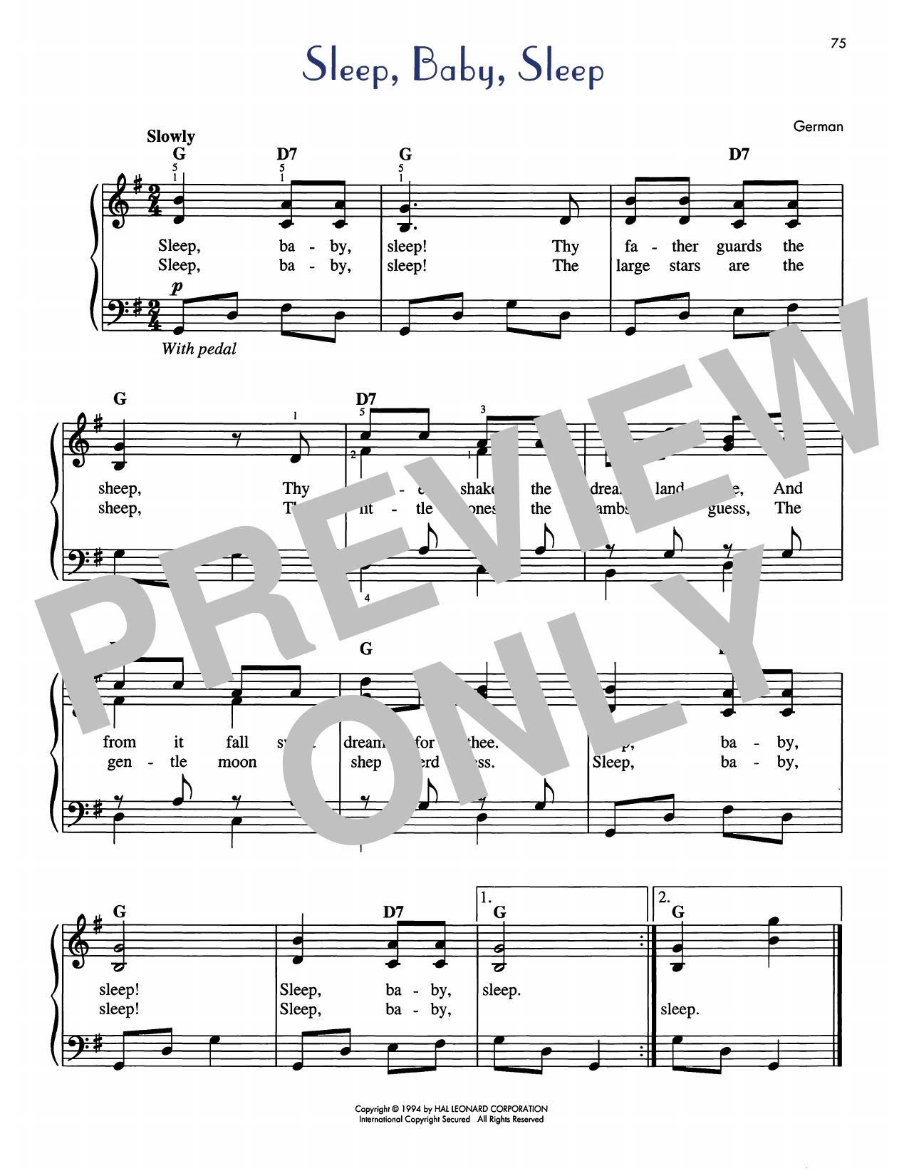 Pennsylvania Dutch Lullaby Sleep, Baby, Sleep Sheet Music Notes & Chords for Easy Piano - Download or Print PDF
