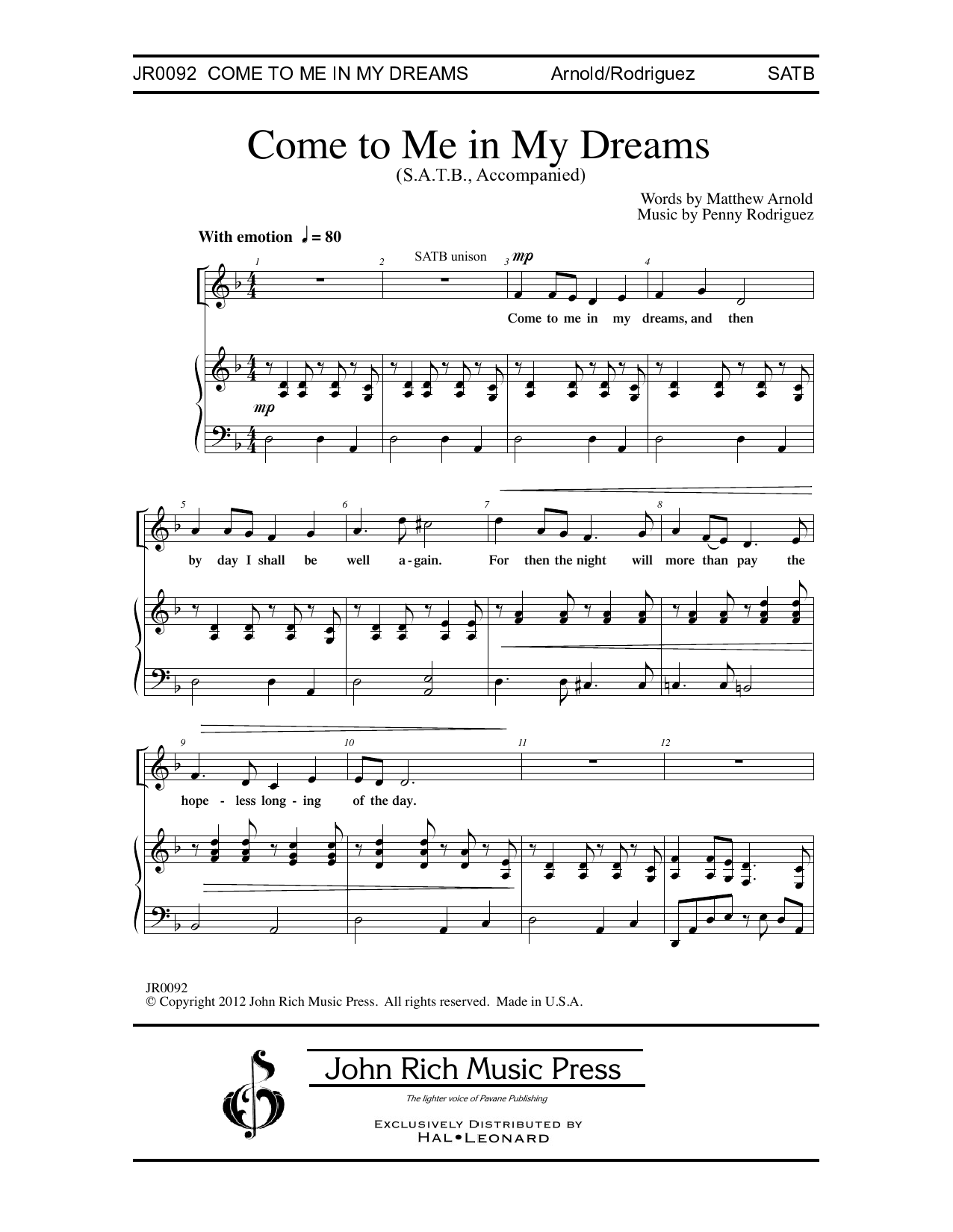 Penny Rodriguez Come to Me in My Dreams Sheet Music Notes & Chords for Choral - Download or Print PDF