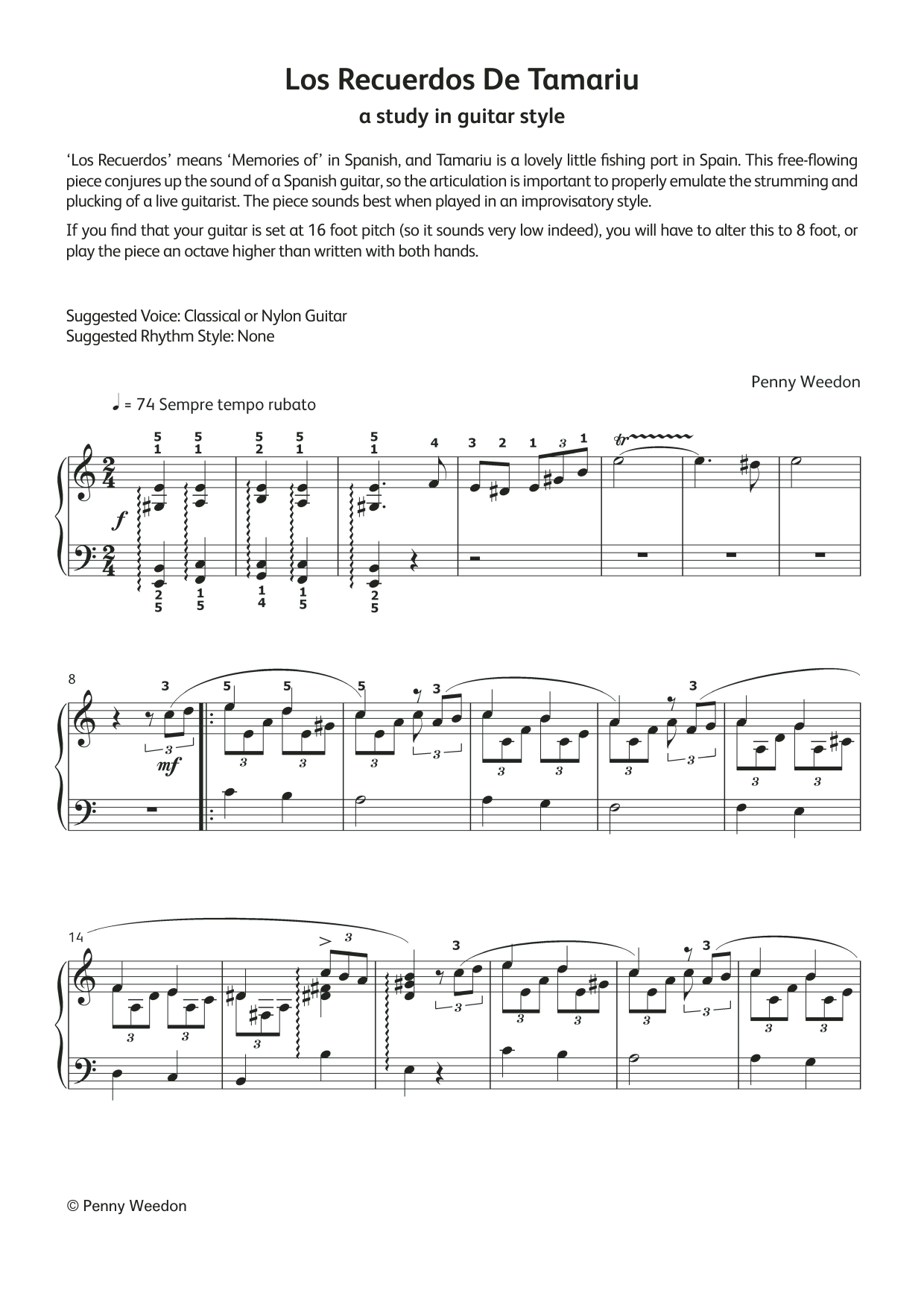 Penny Weedon Los Recuerdos de Tamariu (LCME Electronic Keyboard Grade 7 List A) Sheet Music Notes & Chords for Piano Solo - Download or Print PDF