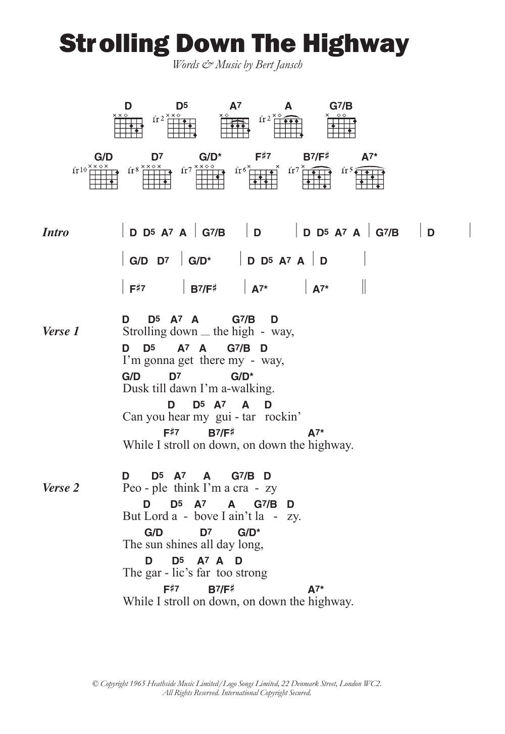 Pentangle Strolling Down The Highway Sheet Music Notes & Chords for Lyrics & Chords - Download or Print PDF